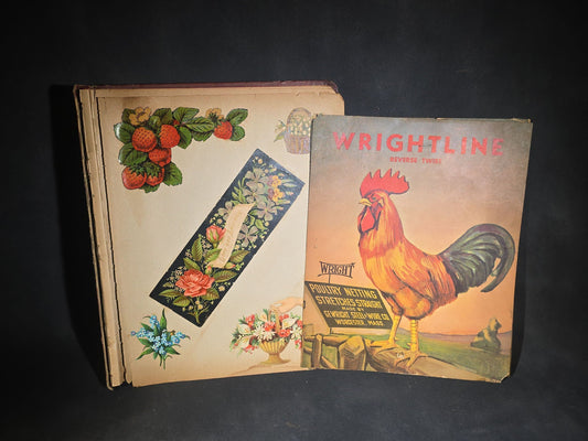 Antique Victorian Scrapbook with Die-Cut Scraps, Wrightline Reverse Twist Poultry Netting Advertising, and Cigar Box Labels Including Red Tips, Crane's Imported, White Orchid, Royal Banner, and Manila Stubs