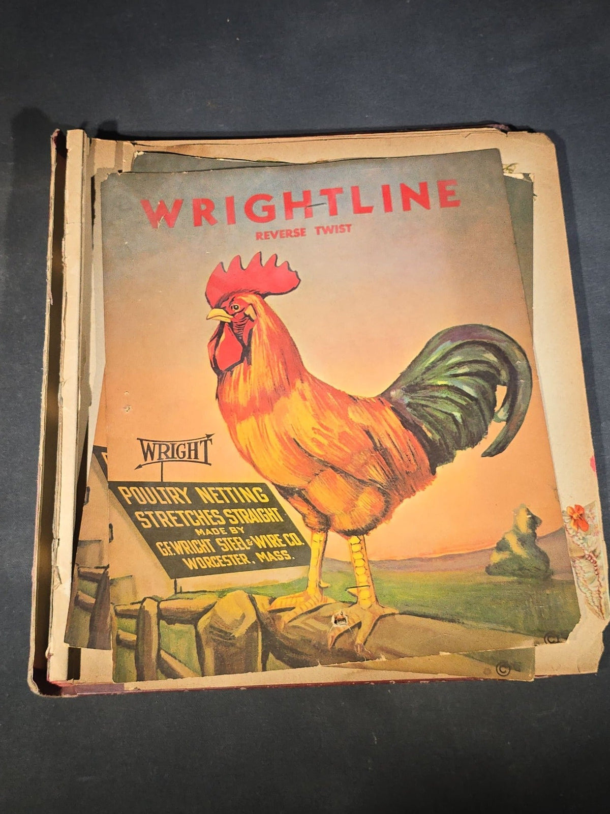 Antique Victorian Scrapbook with Die-Cut Scraps, Wrightline Reverse Twist Poultry Netting Advertising, and Cigar Box Labels Including Red Tips, Crane's Imported, White Orchid, Royal Banner, and Manila Stubs