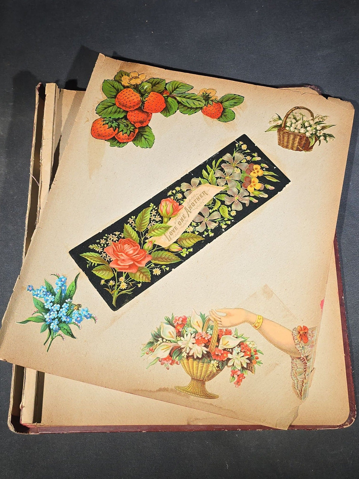 Antique Victorian Scrapbook with Die-Cut Scraps, Wrightline Reverse Twist Poultry Netting Advertising, and Cigar Box Labels Including Red Tips, Crane's Imported, White Orchid, Royal Banner, and Manila Stubs