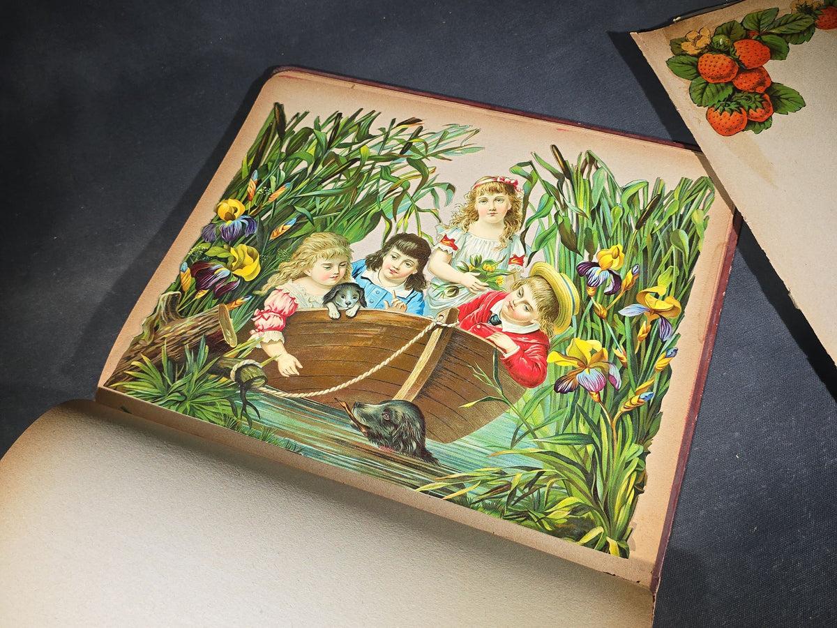 Antique Victorian Scrapbook with Die-Cut Scraps, Wrightline Reverse Twist Poultry Netting Advertising, and Cigar Box Labels Including Red Tips, Crane's Imported, White Orchid, Royal Banner, and Manila Stubs