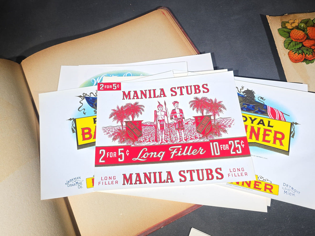 Antique Victorian Scrapbook with Die-Cut Scraps, Wrightline Reverse Twist Poultry Netting Advertising, and Cigar Box Labels Including Red Tips, Crane's Imported, White Orchid, Royal Banner, and Manila Stubs