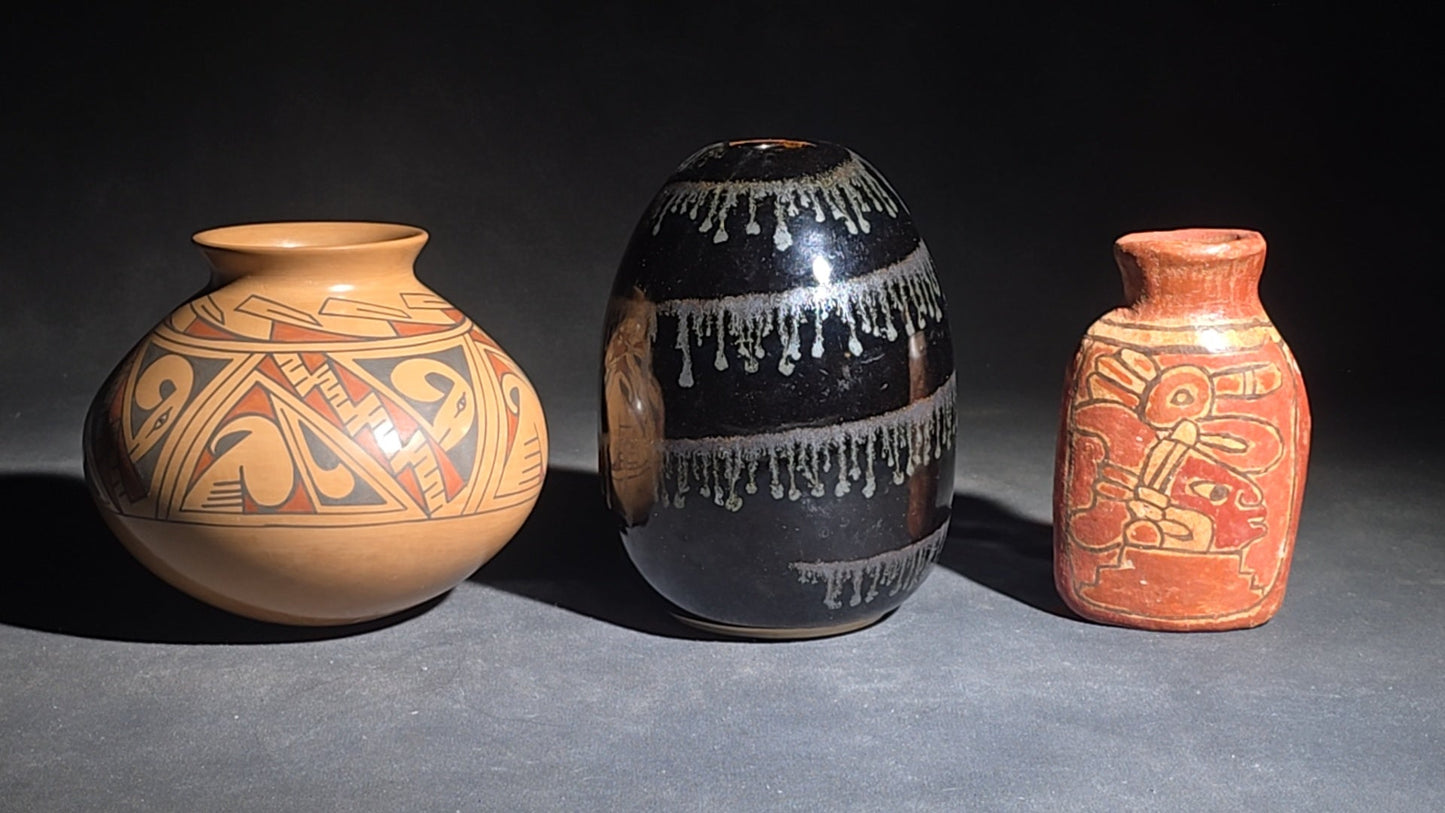 Trio of Vintage Pottery Vessels including Mata Ortiz Olla Signed Miguel Lopez, Black Ovoid Vase with White Drip Bands, and Mesoamerican-Style Reproduction Vessel