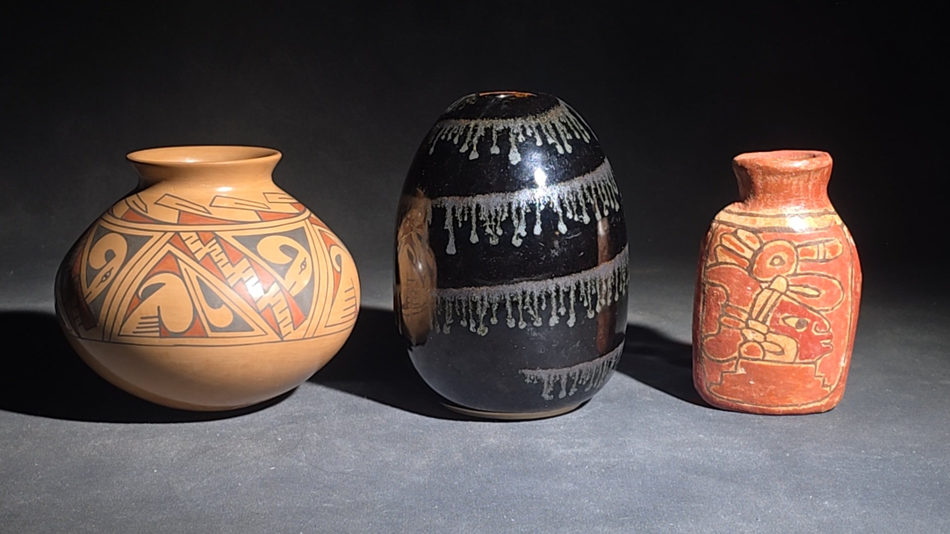 Trio of Vintage Pottery Vessels including Mata Ortiz Olla Signed Miguel Lopez, Black Ovoid Vase with White Drip Bands, and Mesoamerican-Style Reproduction Vessel