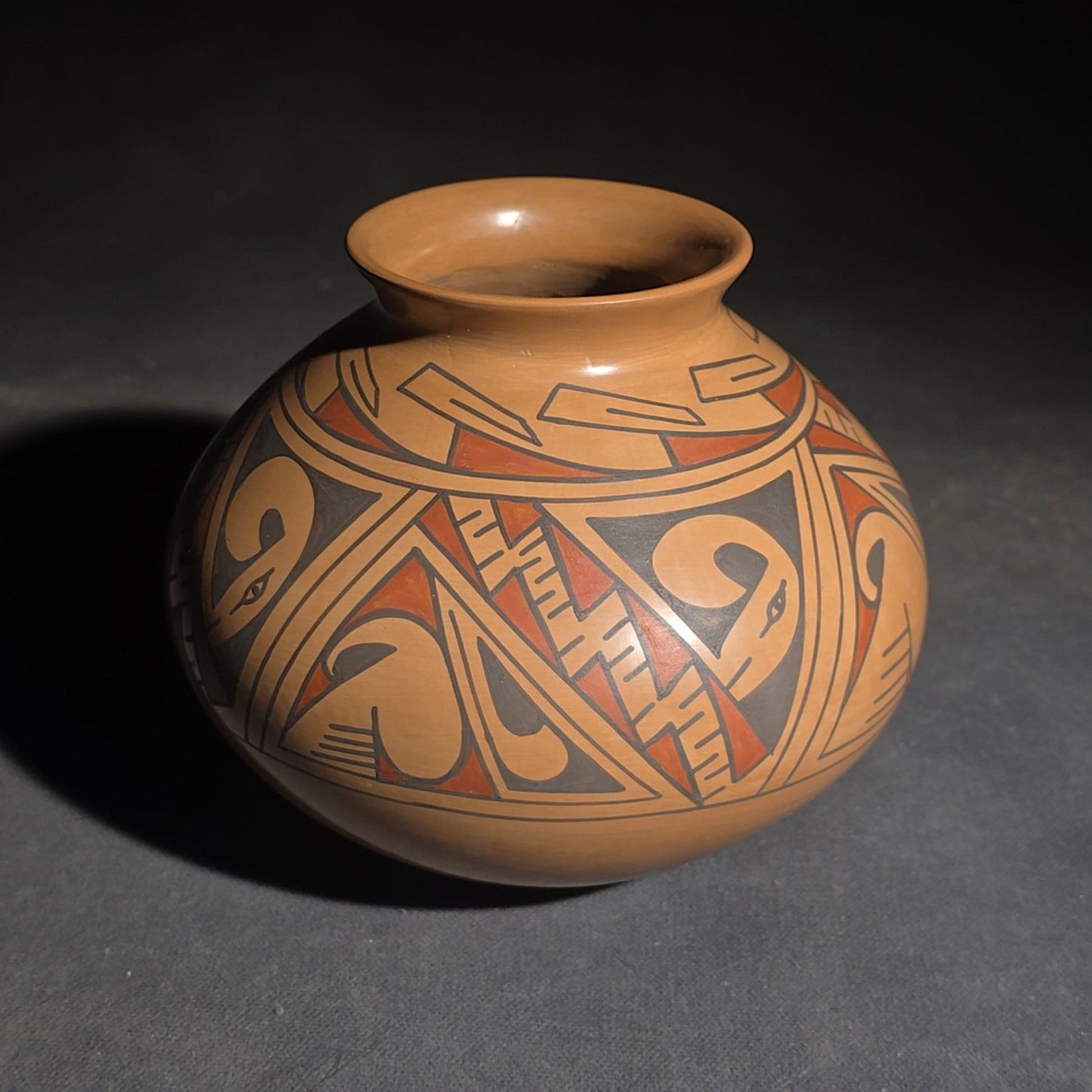 Trio of Vintage Pottery Vessels including Mata Ortiz Olla Signed Miguel Lopez, Black Ovoid Vase with White Drip Bands, and Mesoamerican-Style Reproduction Vessel