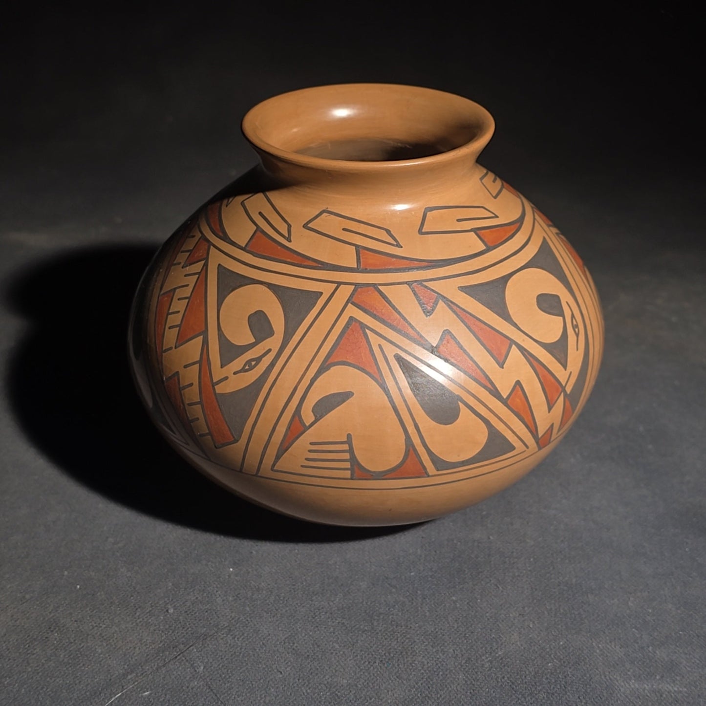 Trio of Vintage Pottery Vessels including Mata Ortiz Olla Signed Miguel Lopez, Black Ovoid Vase with White Drip Bands, and Mesoamerican-Style Reproduction Vessel