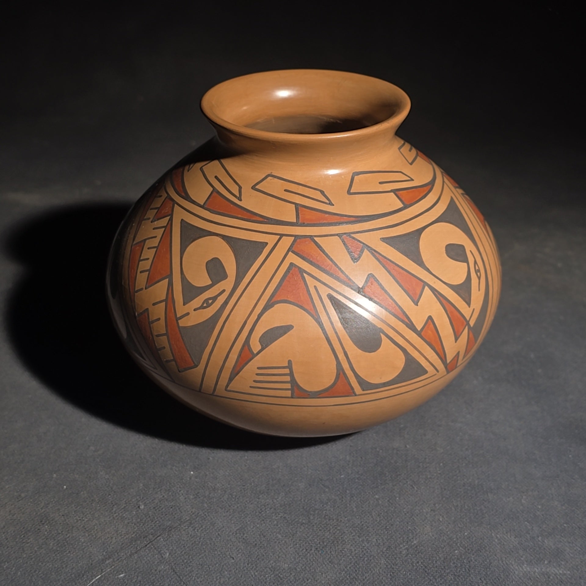 Trio of Vintage Pottery Vessels including Mata Ortiz Olla Signed Miguel Lopez, Black Ovoid Vase with White Drip Bands, and Mesoamerican-Style Reproduction Vessel