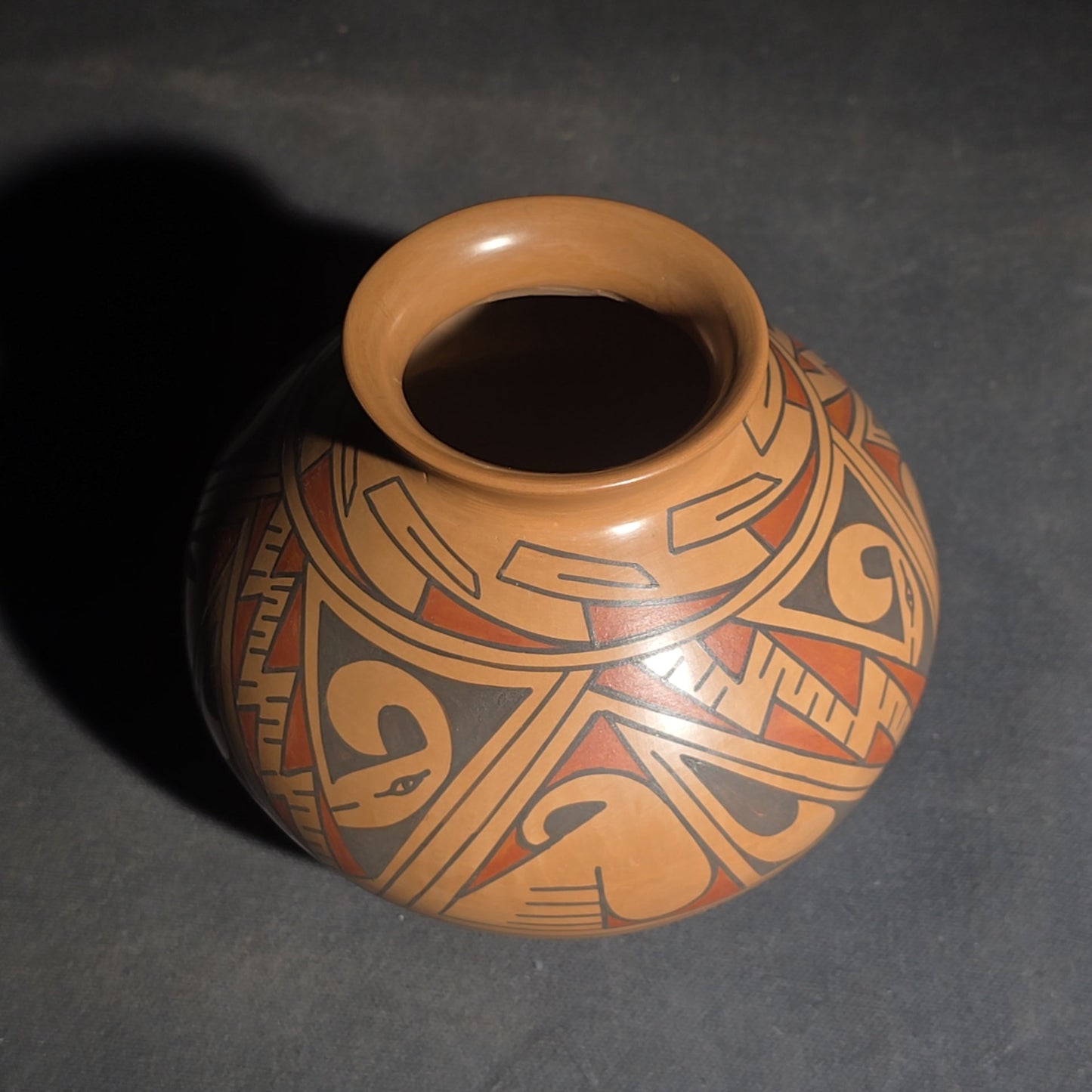 Trio of Vintage Pottery Vessels including Mata Ortiz Olla Signed Miguel Lopez, Black Ovoid Vase with White Drip Bands, and Mesoamerican-Style Reproduction Vessel