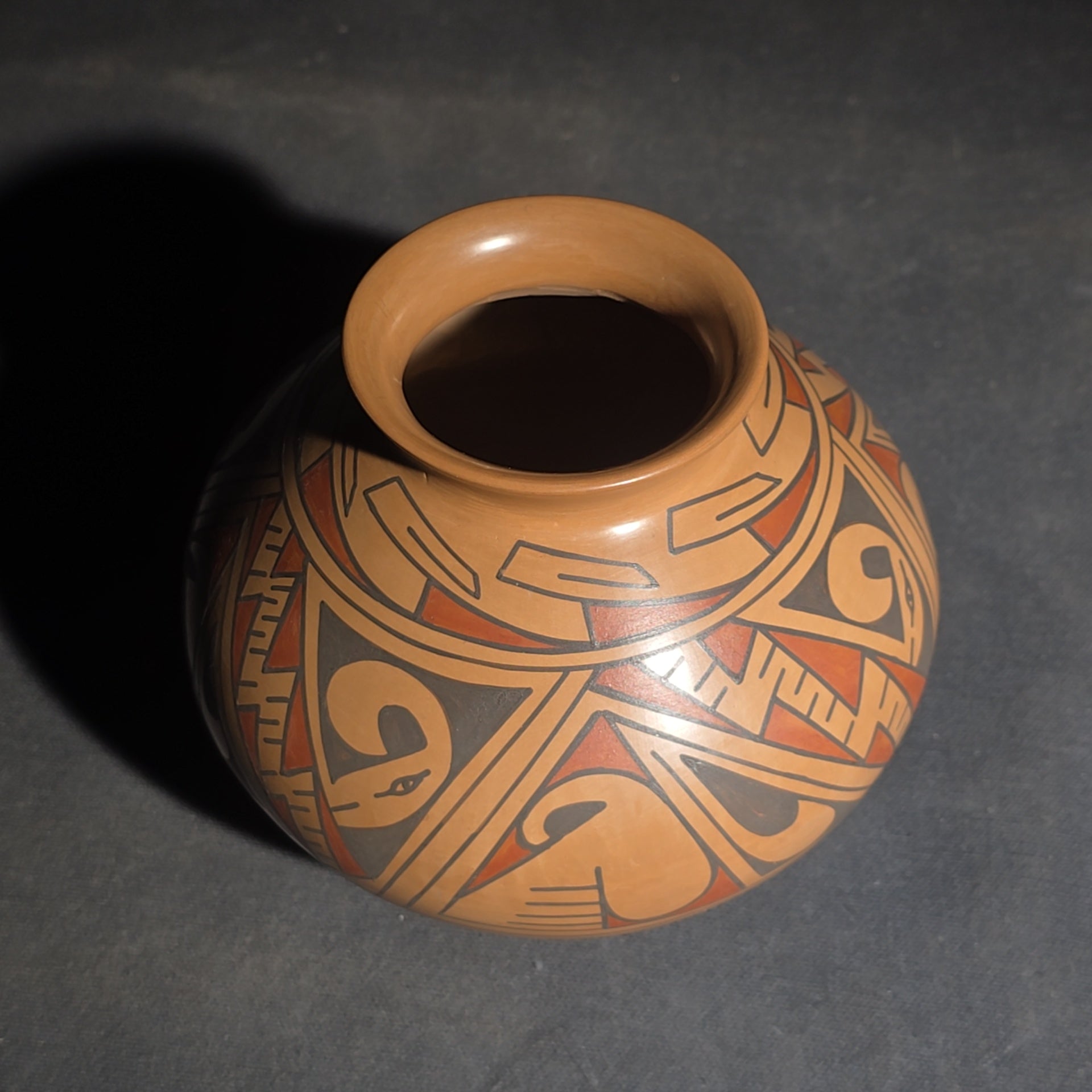 Trio of Vintage Pottery Vessels including Mata Ortiz Olla Signed Miguel Lopez, Black Ovoid Vase with White Drip Bands, and Mesoamerican-Style Reproduction Vessel