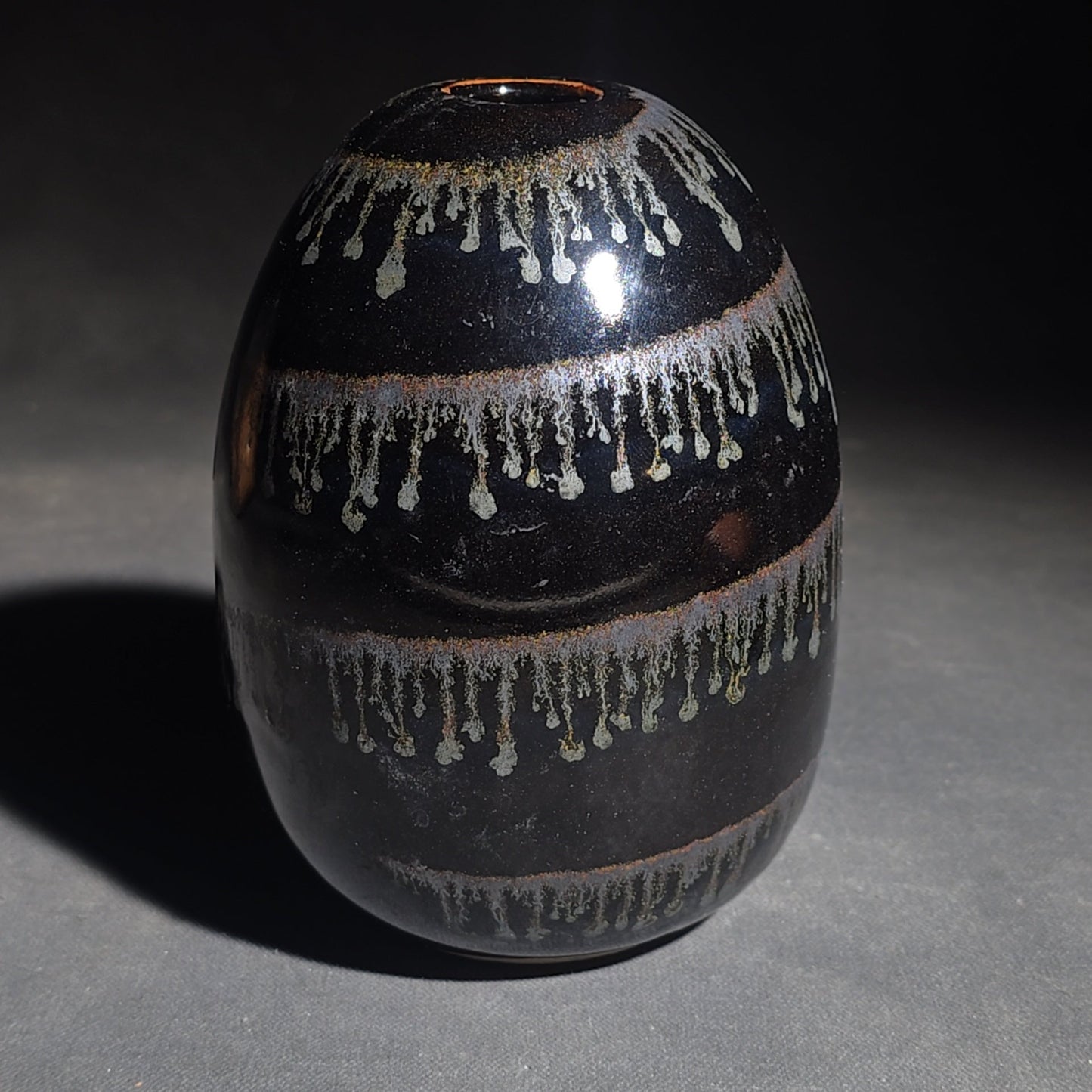 Trio of Vintage Pottery Vessels including Mata Ortiz Olla Signed Miguel Lopez, Black Ovoid Vase with White Drip Bands, and Mesoamerican-Style Reproduction Vessel