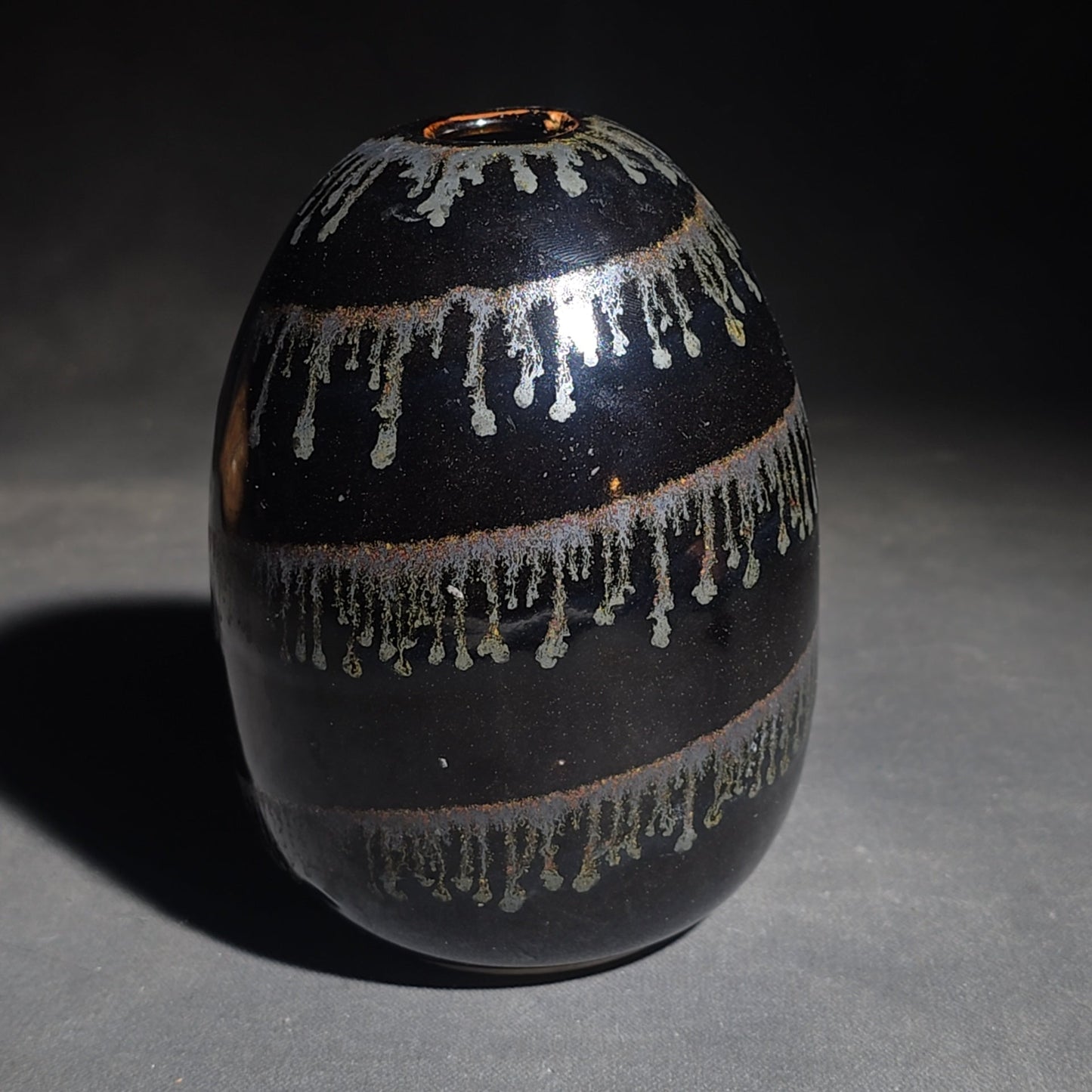 Trio of Vintage Pottery Vessels including Mata Ortiz Olla Signed Miguel Lopez, Black Ovoid Vase with White Drip Bands, and Mesoamerican-Style Reproduction Vessel