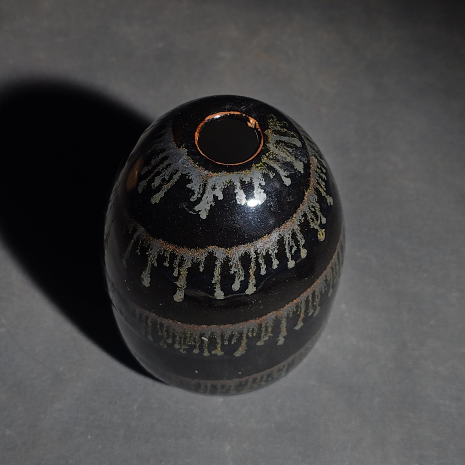 Trio of Vintage Pottery Vessels including Mata Ortiz Olla Signed Miguel Lopez, Black Ovoid Vase with White Drip Bands, and Mesoamerican-Style Reproduction Vessel