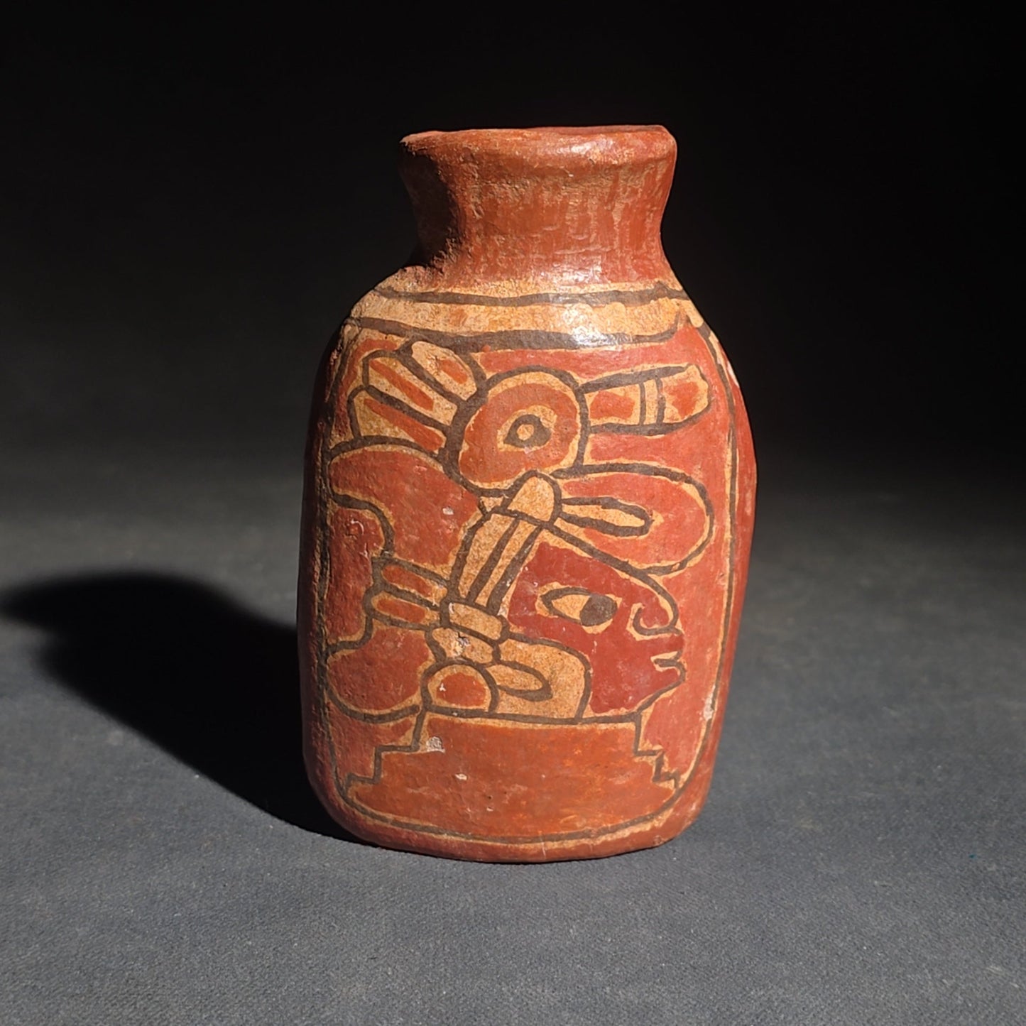 Trio of Vintage Pottery Vessels including Mata Ortiz Olla Signed Miguel Lopez, Black Ovoid Vase with White Drip Bands, and Mesoamerican-Style Reproduction Vessel