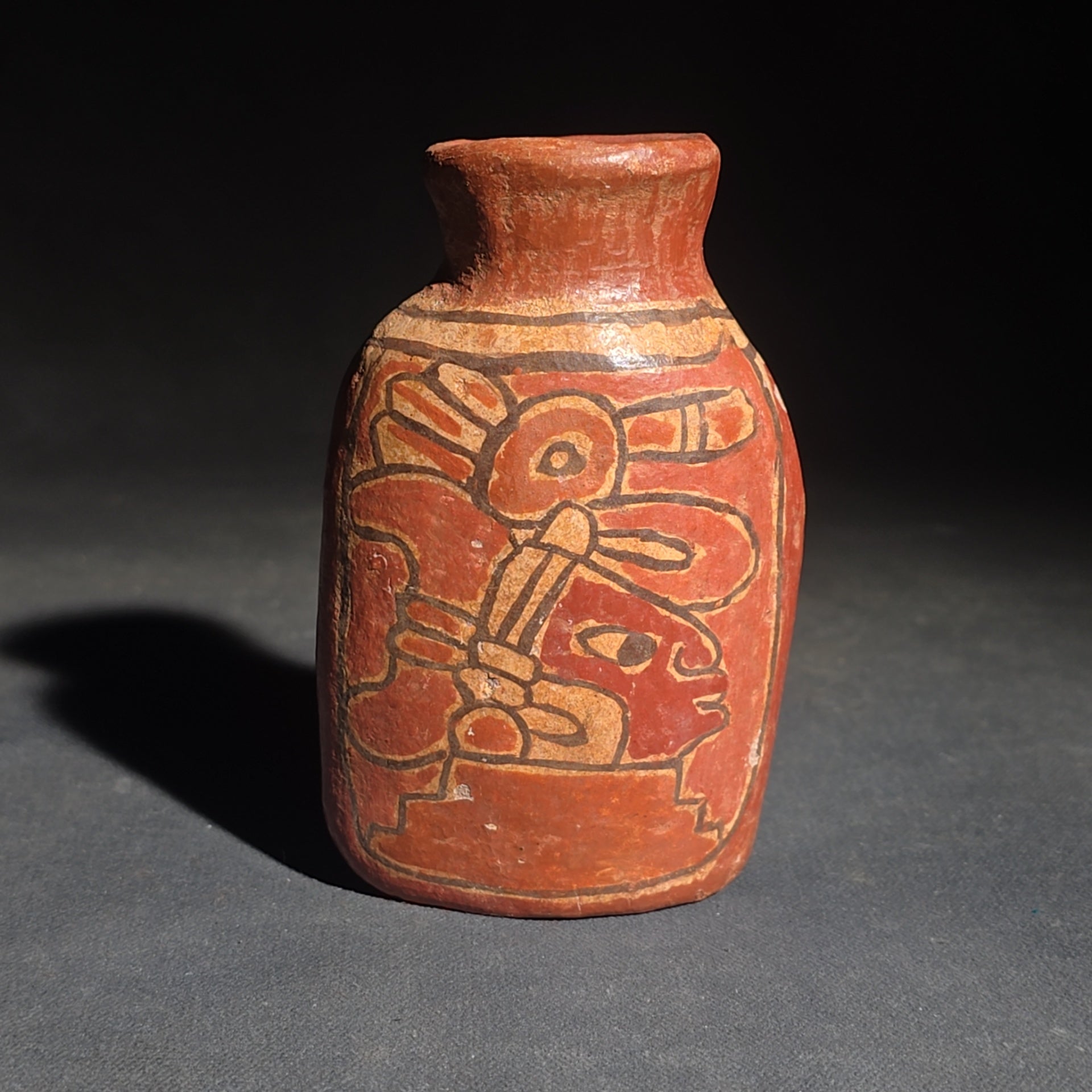 Trio of Vintage Pottery Vessels including Mata Ortiz Olla Signed Miguel Lopez, Black Ovoid Vase with White Drip Bands, and Mesoamerican-Style Reproduction Vessel