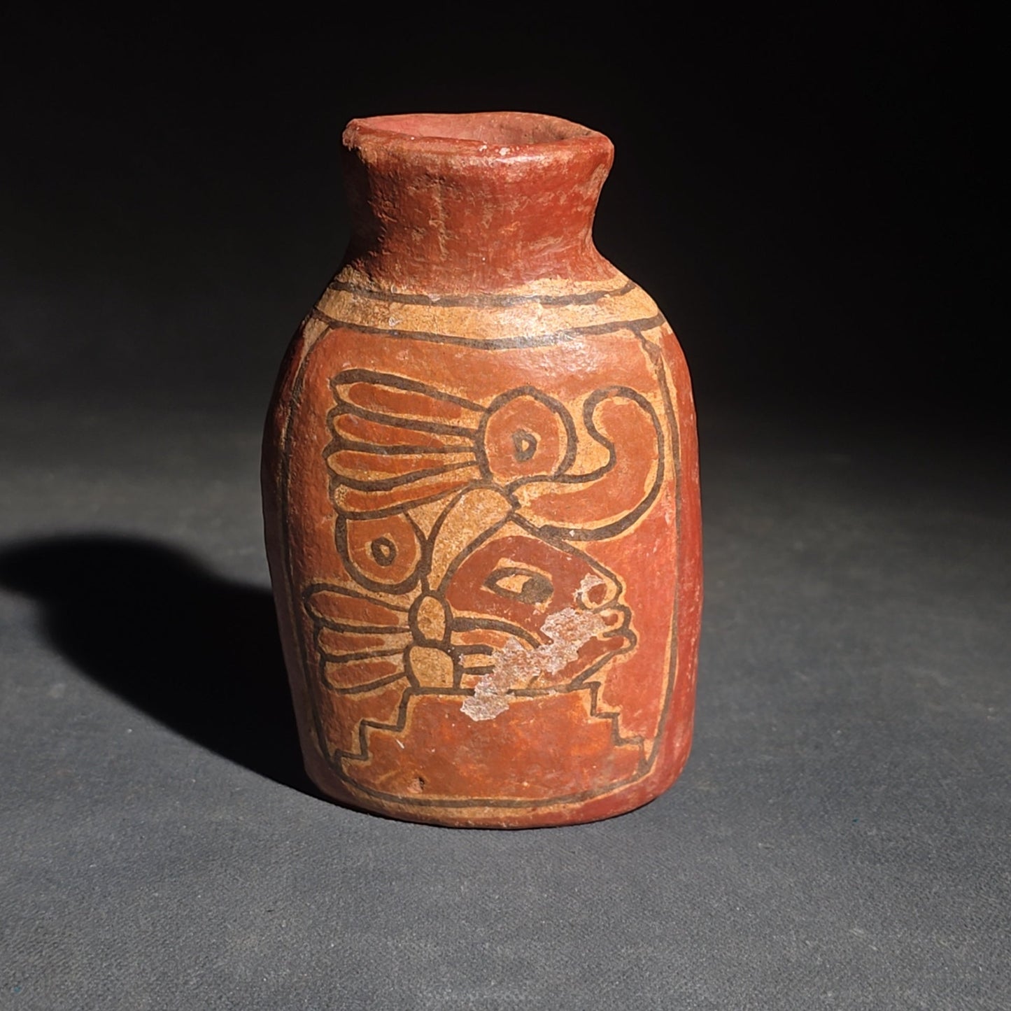 Trio of Vintage Pottery Vessels including Mata Ortiz Olla Signed Miguel Lopez, Black Ovoid Vase with White Drip Bands, and Mesoamerican-Style Reproduction Vessel
