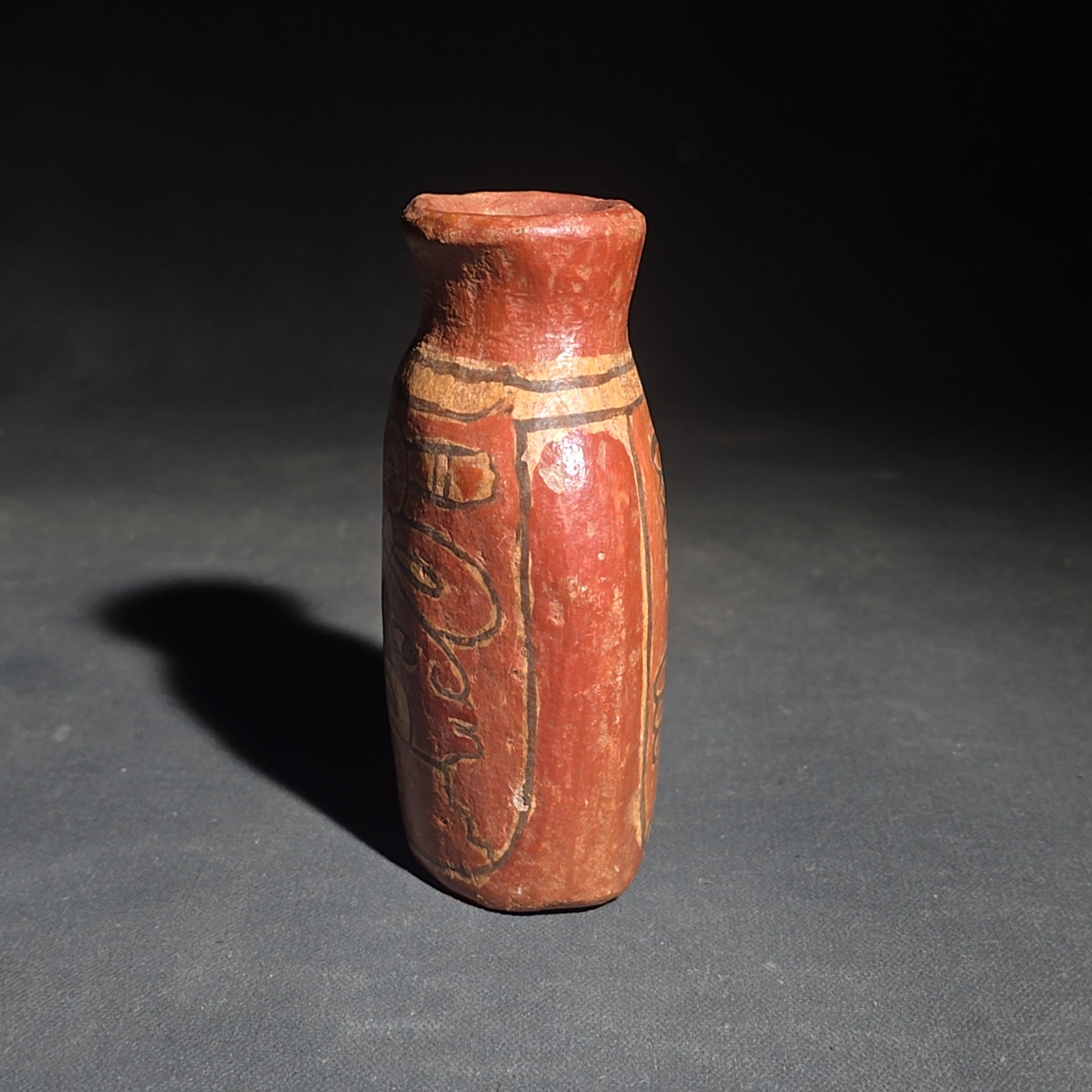 Trio of Vintage Pottery Vessels including Mata Ortiz Olla Signed Miguel Lopez, Black Ovoid Vase with White Drip Bands, and Mesoamerican-Style Reproduction Vessel