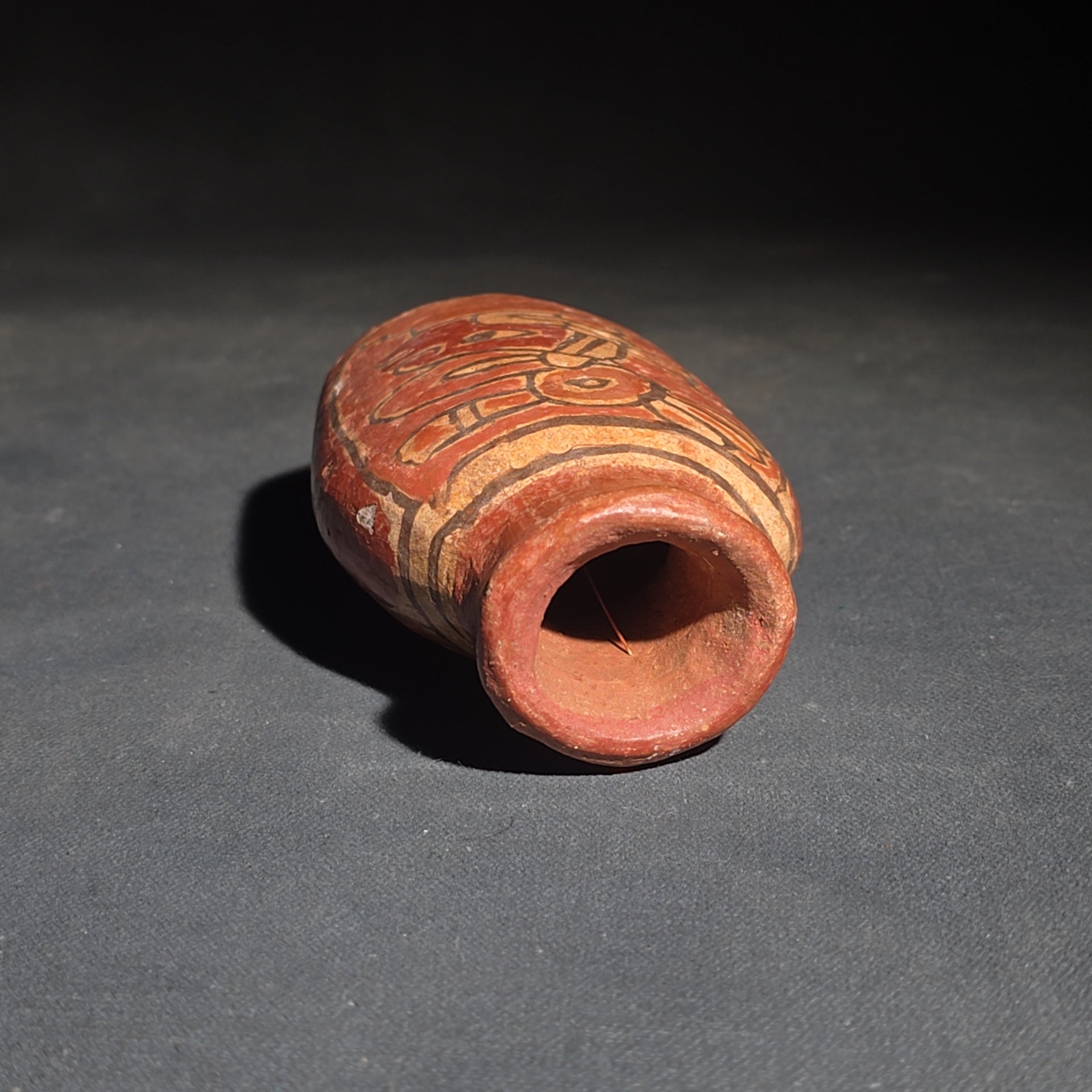 Trio of Vintage Pottery Vessels including Mata Ortiz Olla Signed Miguel Lopez, Black Ovoid Vase with White Drip Bands, and Mesoamerican-Style Reproduction Vessel