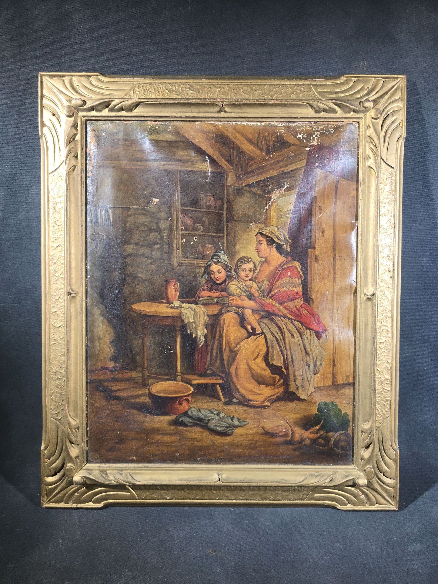 Antique Oil Painting on Canvas, Genre Scene of a Mother and Two Children in a Cottage Interior, in Gilt Frame, Note Condition Issues