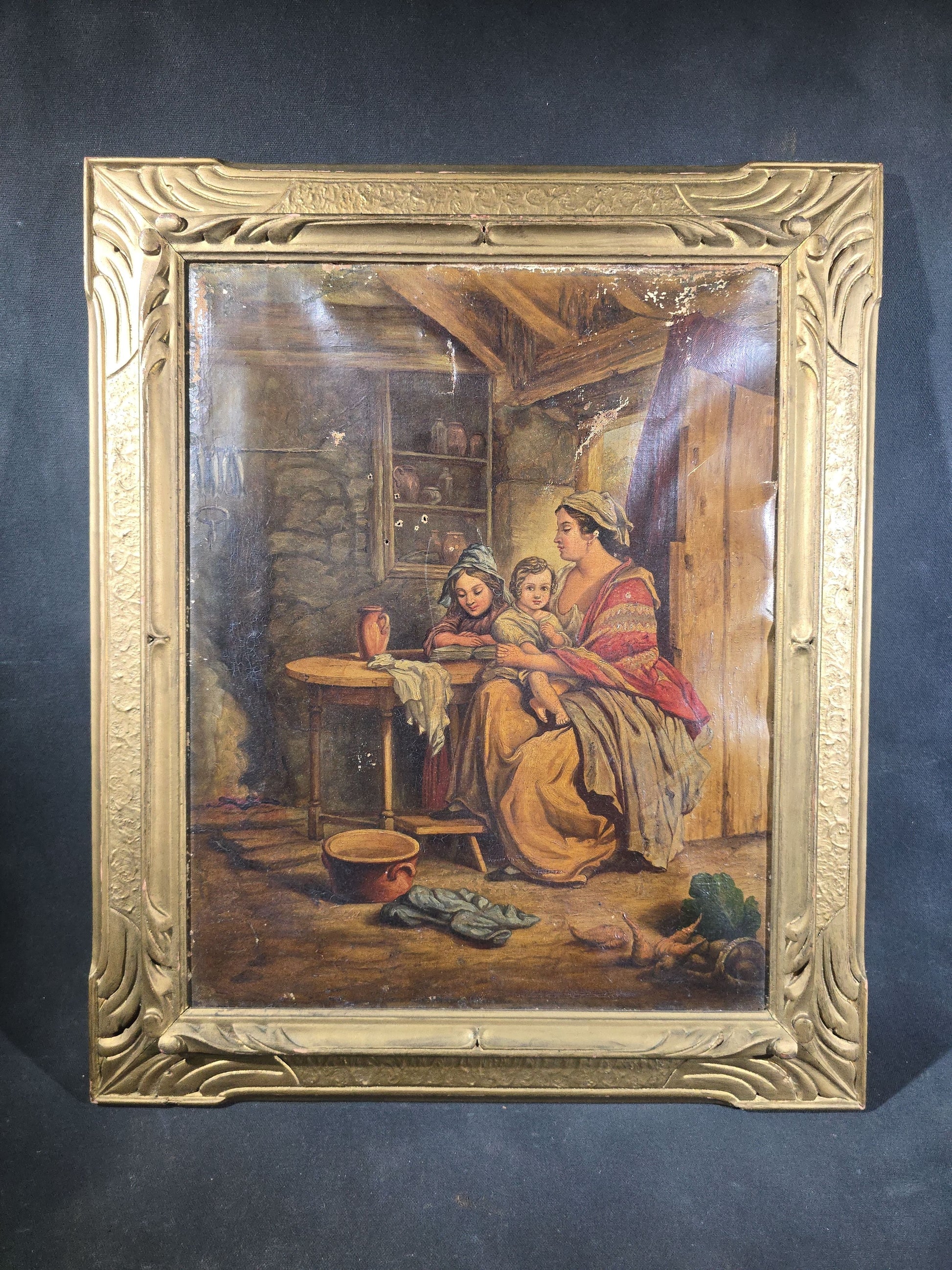 Antique Oil Painting on Canvas, Genre Scene of a Mother and Two Children in a Cottage Interior, in Gilt Frame, Note Condition Issues
