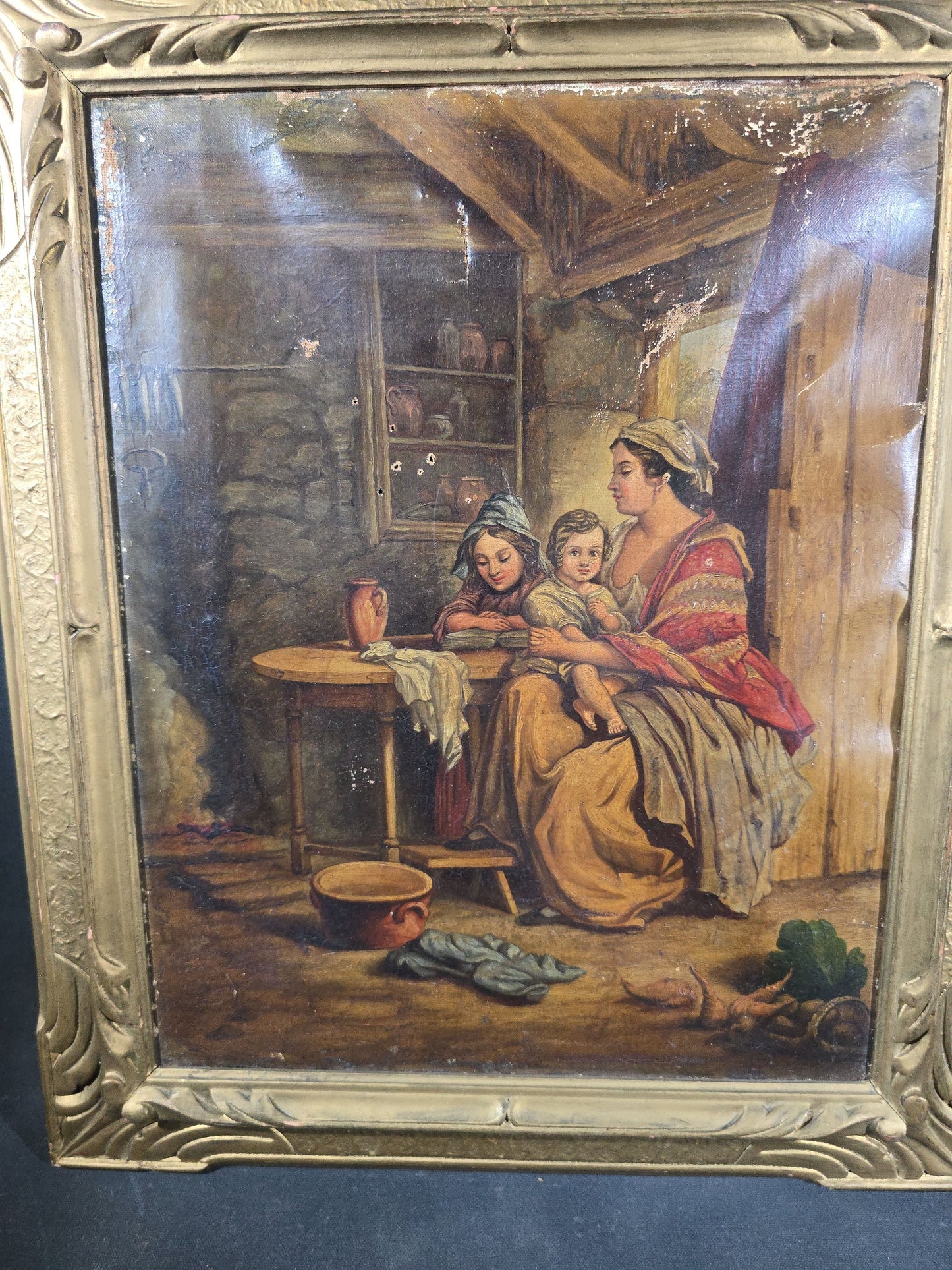 Antique Oil Painting on Canvas, Genre Scene of a Mother and Two Children in a Cottage Interior, in Gilt Frame, Note Condition Issues