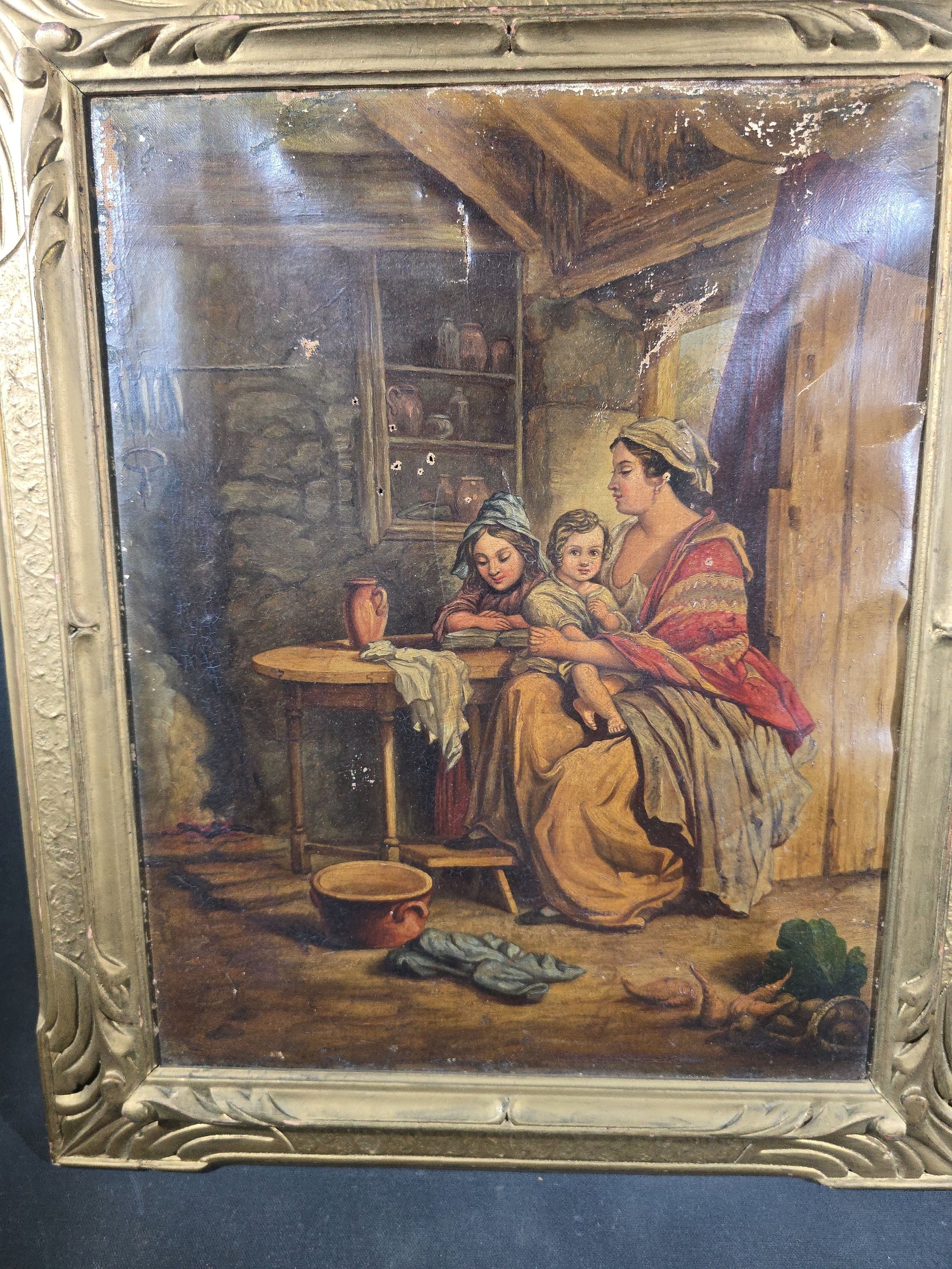 Antique Oil Painting on Canvas, Genre Scene of a Mother and Two Children in a Cottage Interior, in Gilt Frame, Note Condition Issues