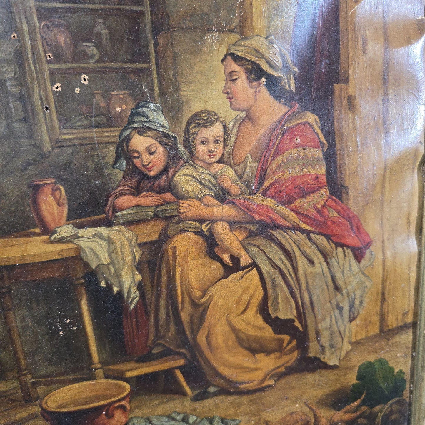 Antique Oil Painting on Canvas, Genre Scene of a Mother and Two Children in a Cottage Interior, in Gilt Frame, Note Condition Issues