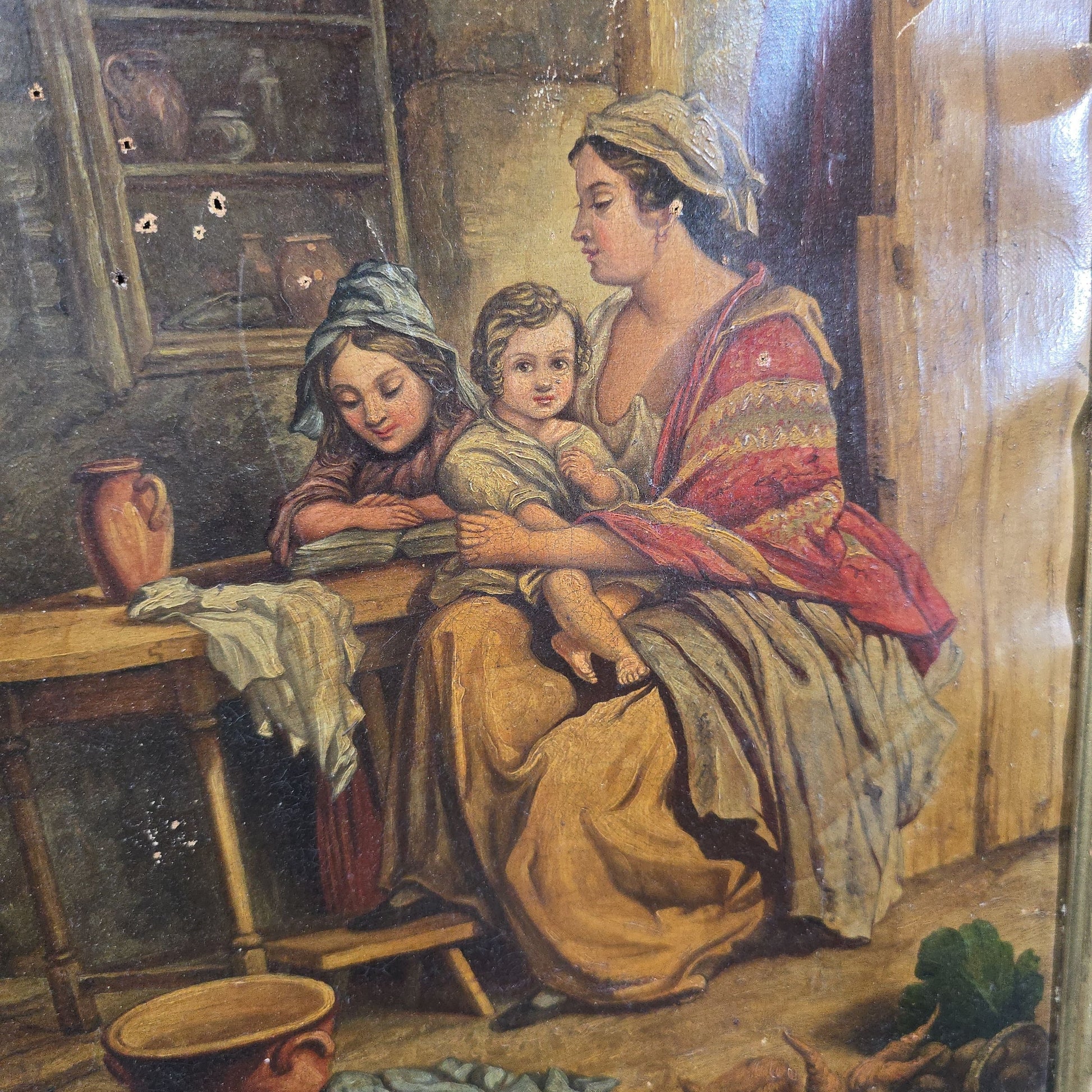 Antique Oil Painting on Canvas, Genre Scene of a Mother and Two Children in a Cottage Interior, in Gilt Frame, Note Condition Issues
