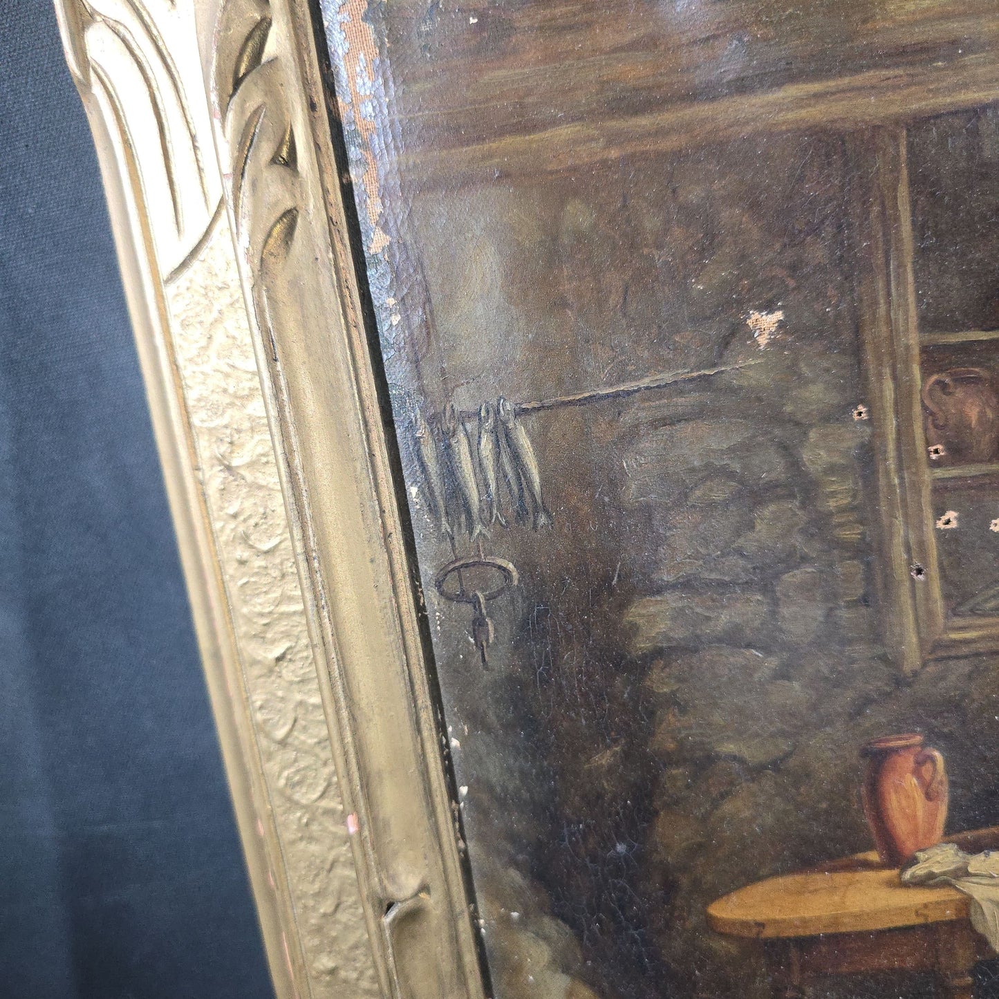 Antique Oil Painting on Canvas, Genre Scene of a Mother and Two Children in a Cottage Interior, in Gilt Frame, Note Condition Issues