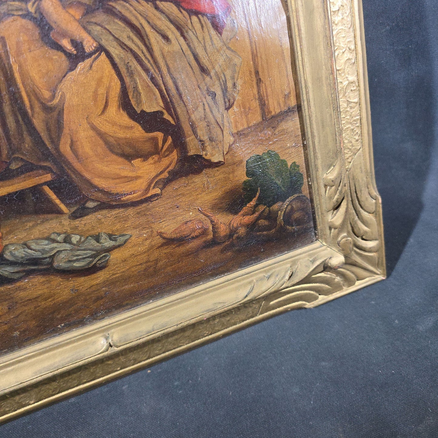 Antique Oil Painting on Canvas, Genre Scene of a Mother and Two Children in a Cottage Interior, in Gilt Frame, Note Condition Issues