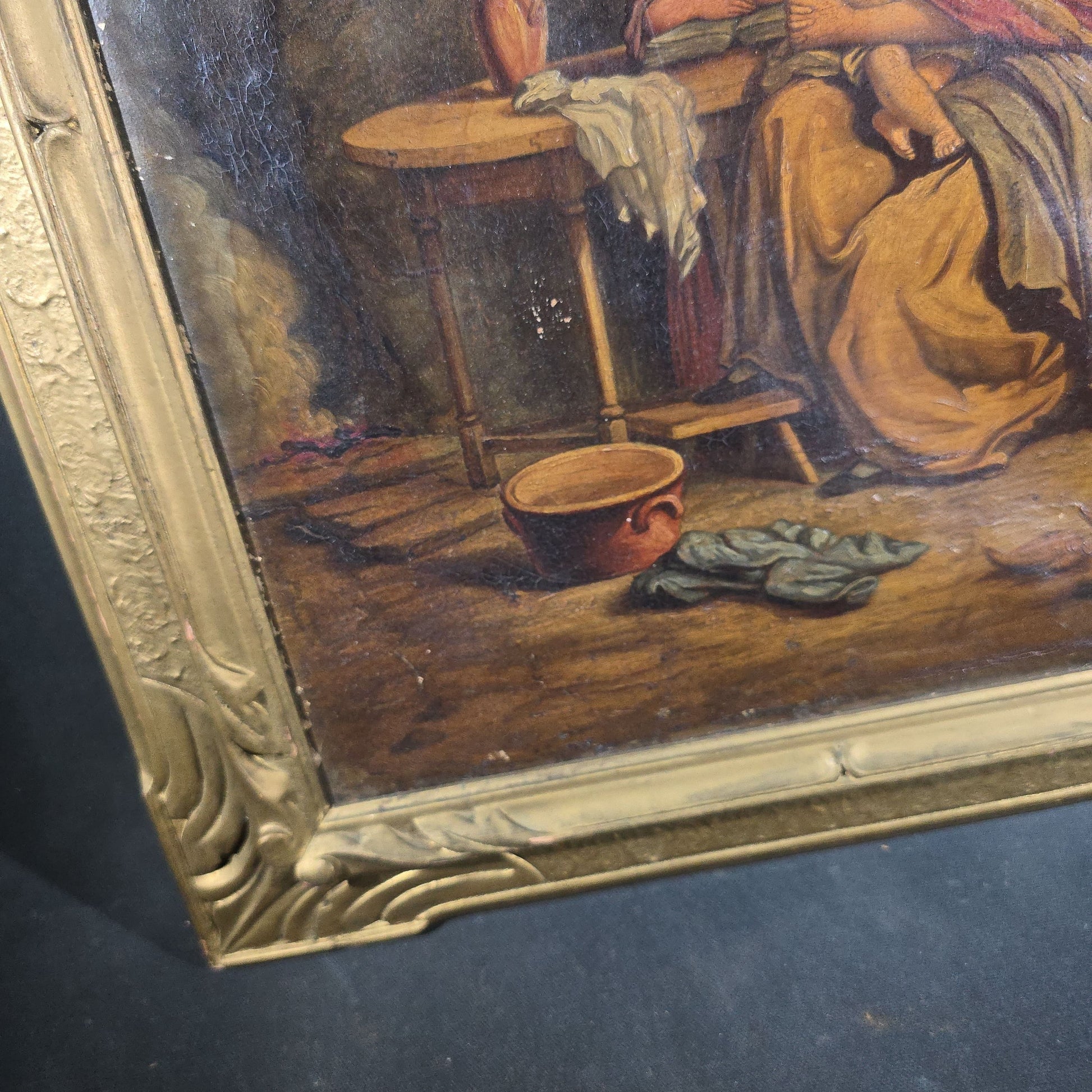 Antique Oil Painting on Canvas, Genre Scene of a Mother and Two Children in a Cottage Interior, in Gilt Frame, Note Condition Issues