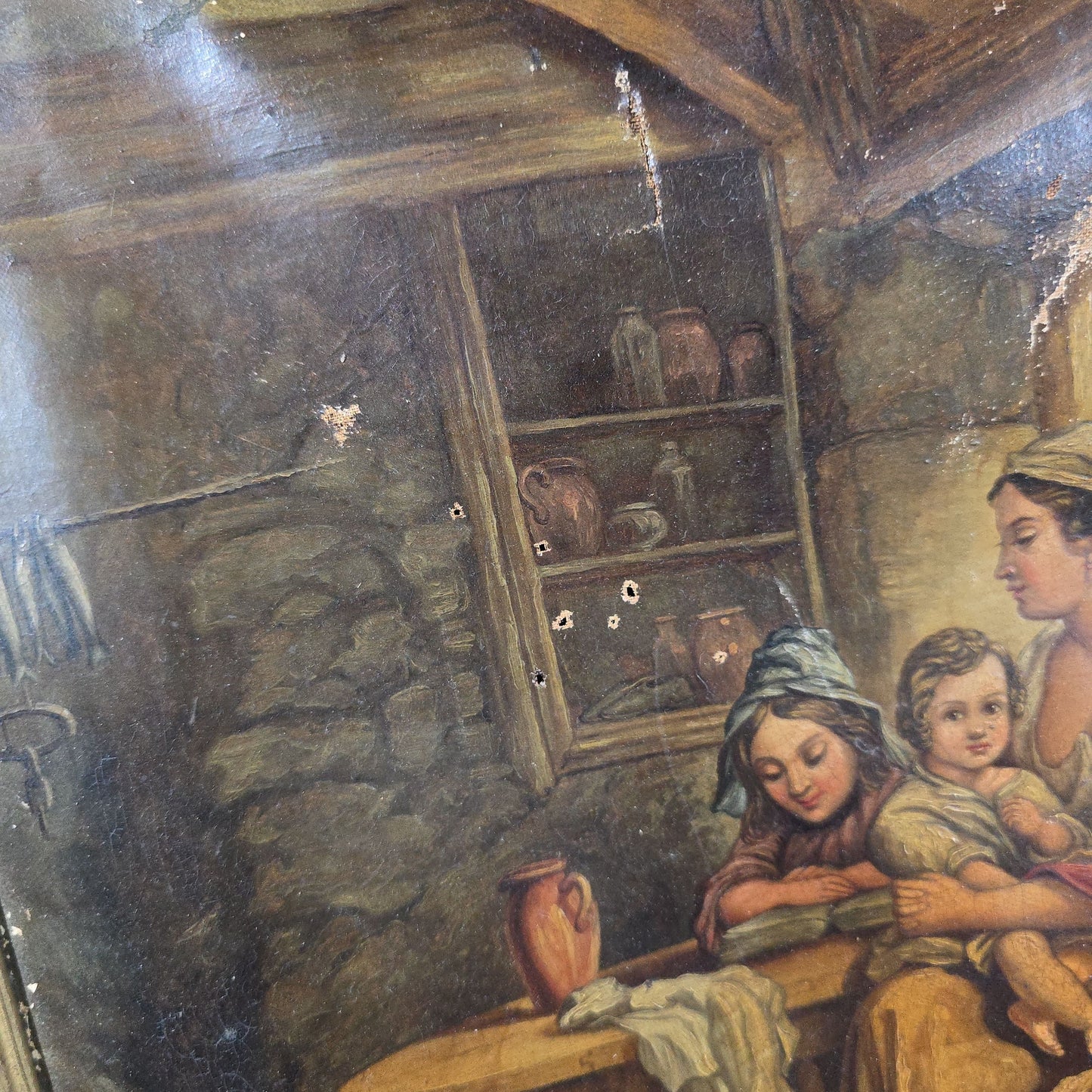 Antique Oil Painting on Canvas, Genre Scene of a Mother and Two Children in a Cottage Interior, in Gilt Frame, Note Condition Issues