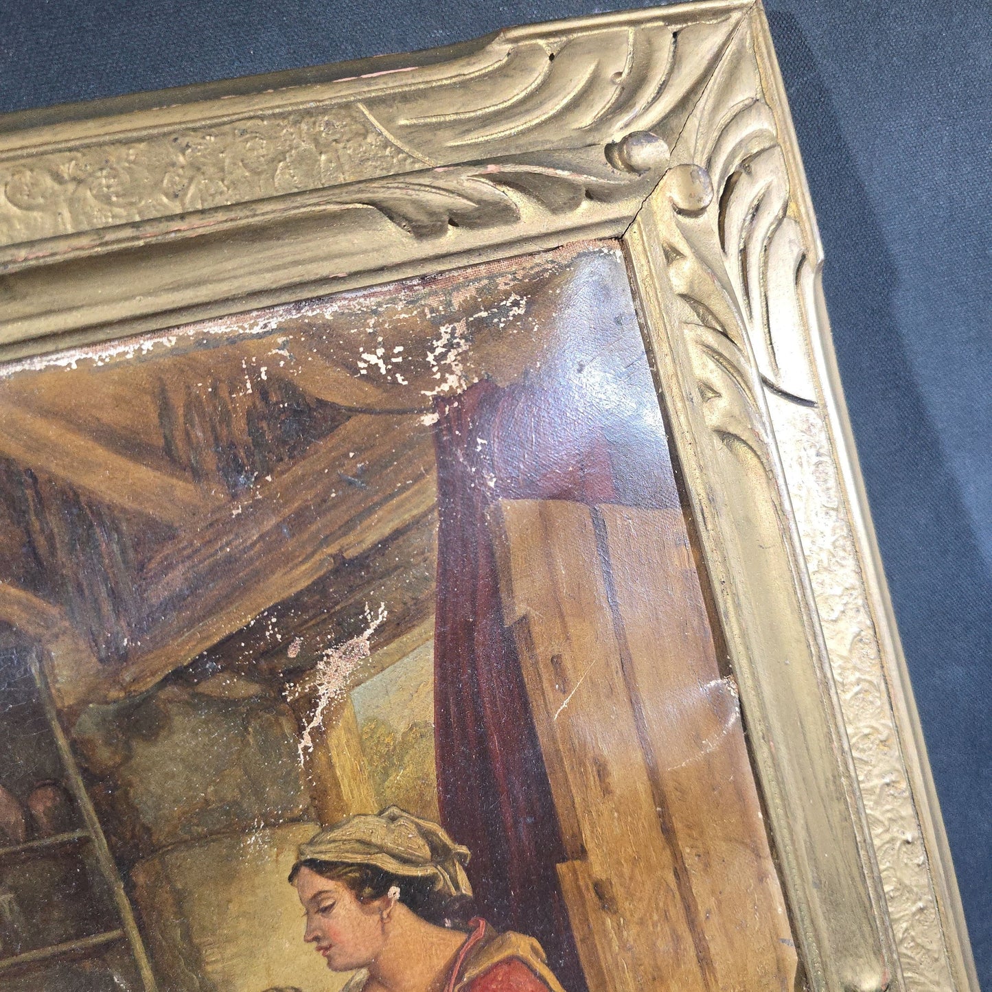 Antique Oil Painting on Canvas, Genre Scene of a Mother and Two Children in a Cottage Interior, in Gilt Frame, Note Condition Issues