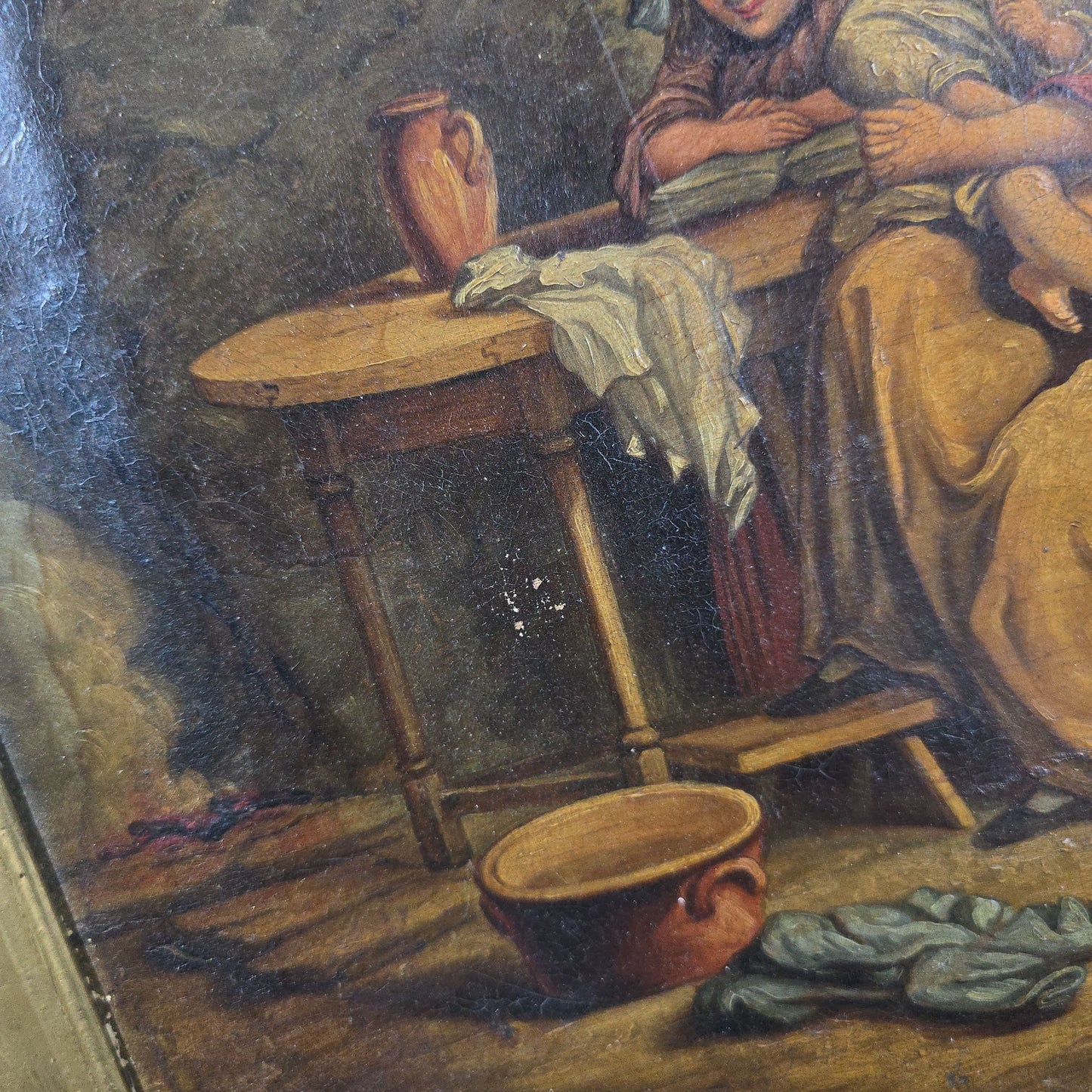 Antique Oil Painting on Canvas, Genre Scene of a Mother and Two Children in a Cottage Interior, in Gilt Frame, Note Condition Issues