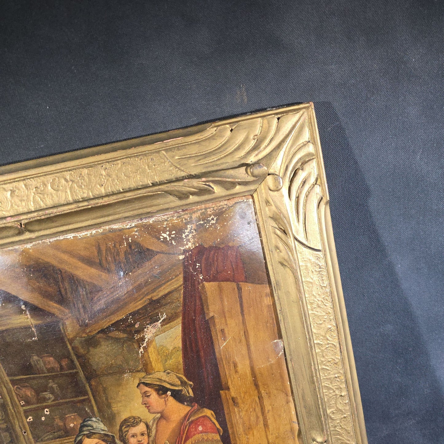Antique Oil Painting on Canvas, Genre Scene of a Mother and Two Children in a Cottage Interior, in Gilt Frame, Note Condition Issues