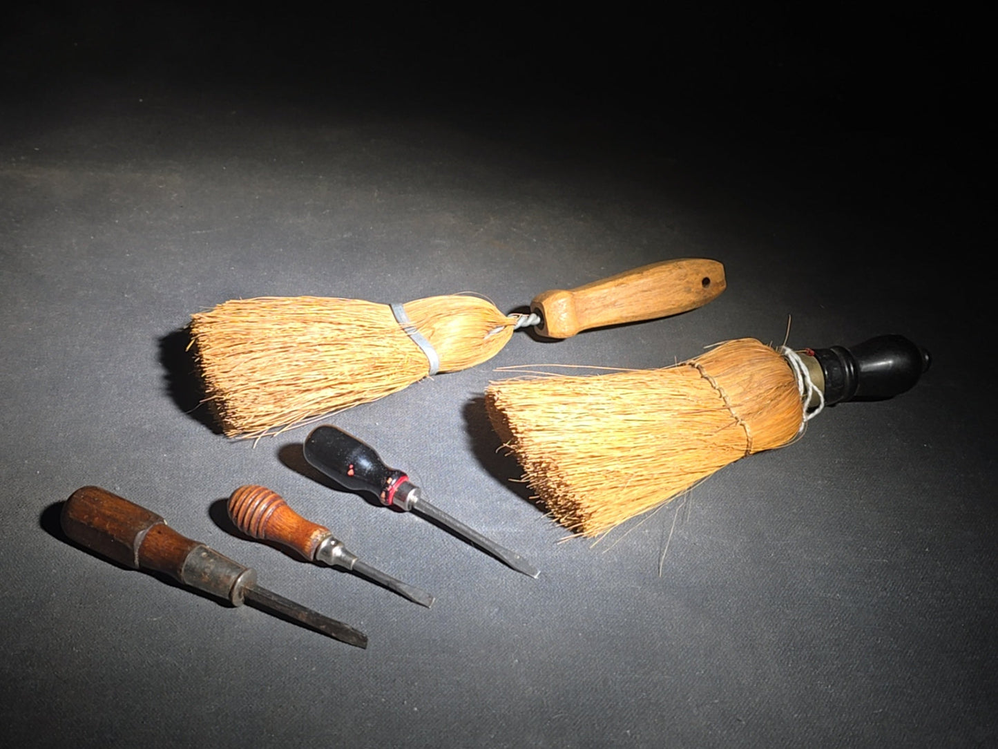 Grouping of Five Vintage Tools including Kellogg Quality 255 Whisk Broom, Turned-Handle Whisk Broom, and Three Miniature Wood-Handled Flathead Screwdrivers