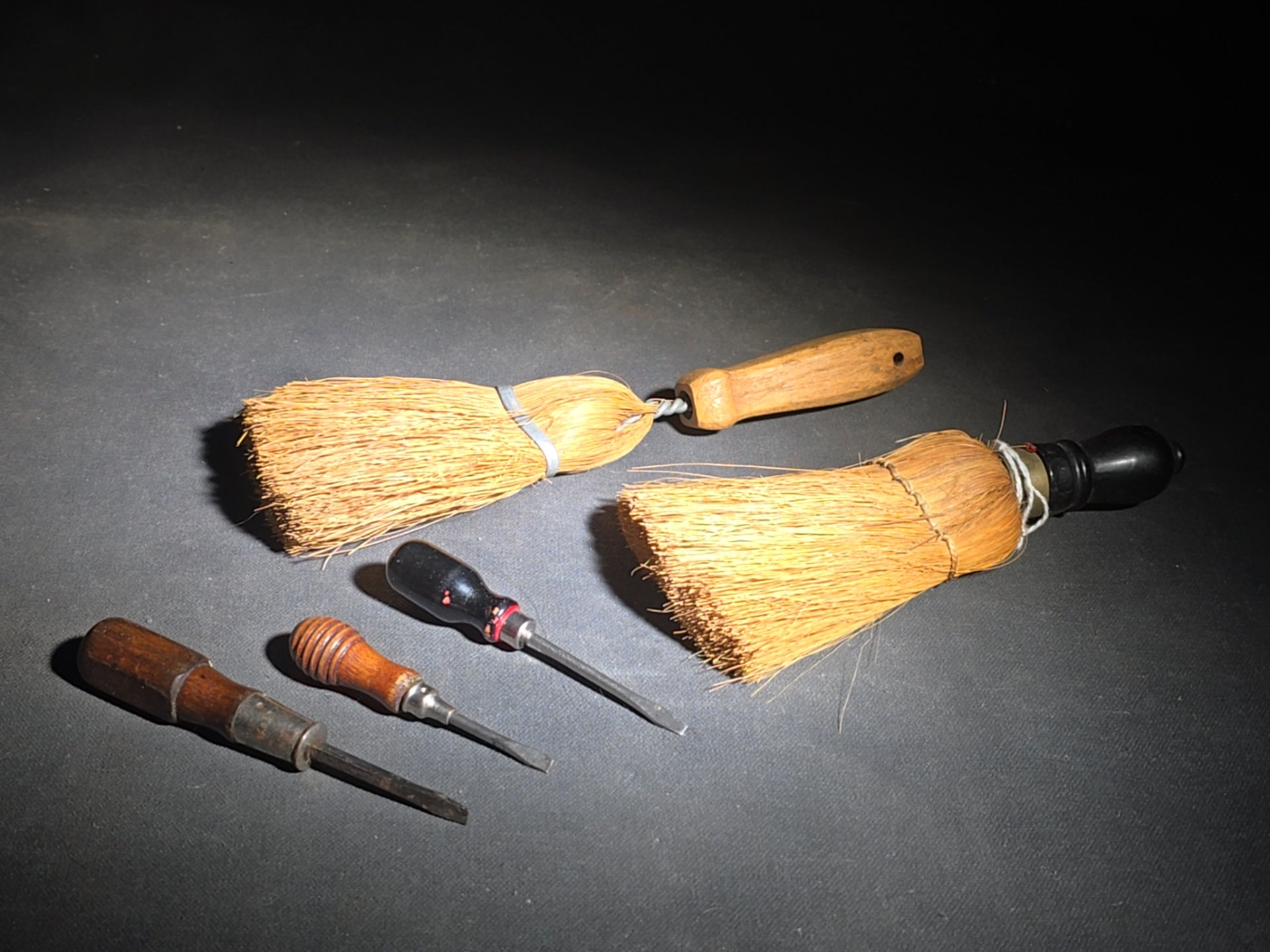 Grouping of Five Vintage Tools including Kellogg Quality 255 Whisk Broom, Turned-Handle Whisk Broom, and Three Miniature Wood-Handled Flathead Screwdrivers