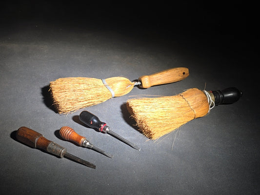 Grouping of Five Vintage Tools including Kellogg Quality 255 Whisk Broom, Turned-Handle Whisk Broom, and Three Miniature Wood-Handled Flathead Screwdrivers