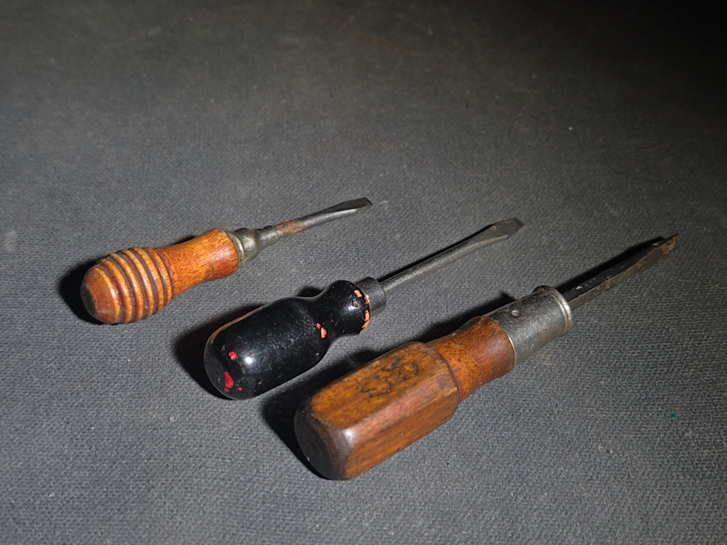 Grouping of Five Vintage Tools including Kellogg Quality 255 Whisk Broom, Turned-Handle Whisk Broom, and Three Miniature Wood-Handled Flathead Screwdrivers