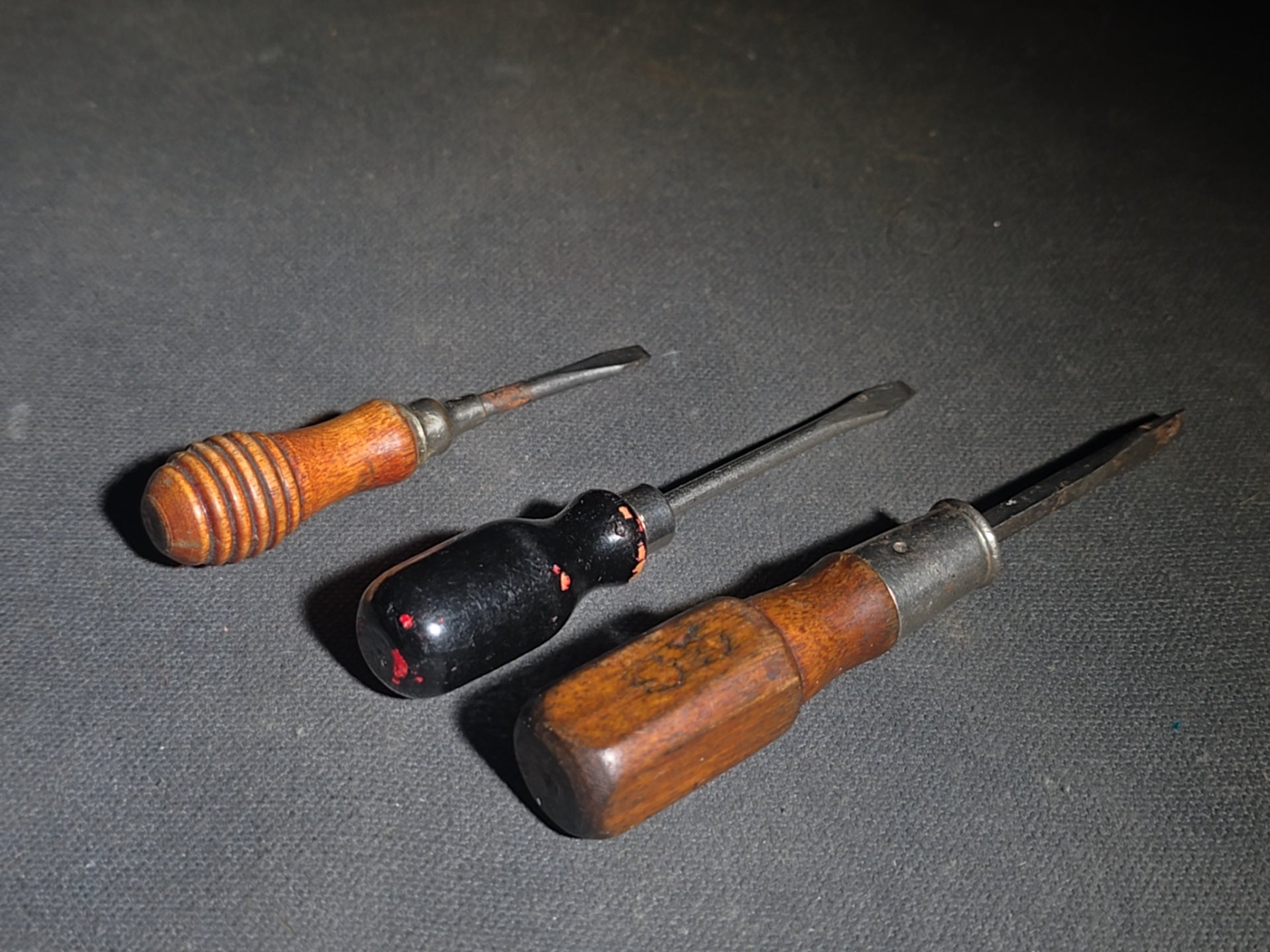 Grouping of Five Vintage Tools including Kellogg Quality 255 Whisk Broom, Turned-Handle Whisk Broom, and Three Miniature Wood-Handled Flathead Screwdrivers