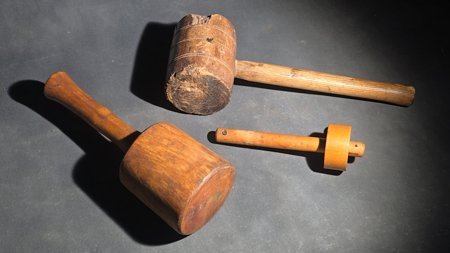 Grouping of Three Antique Wood Tools including a Carpenter's Scribe Marked "J. Morse," Wooden Mallet, and Masher