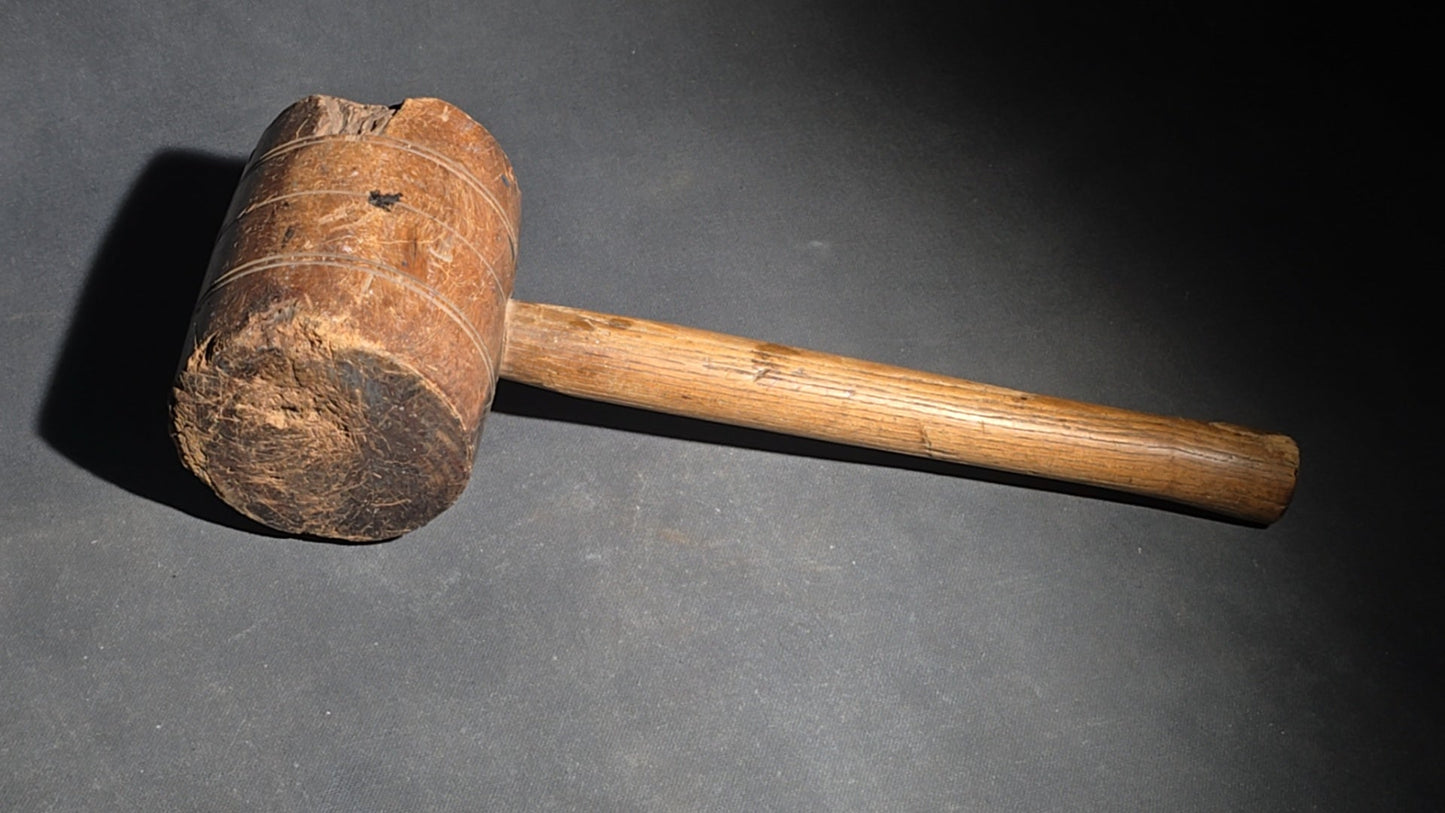 Grouping of Three Antique Wood Tools including a Carpenter's Scribe Marked "J. Morse," Wooden Mallet, and Masher