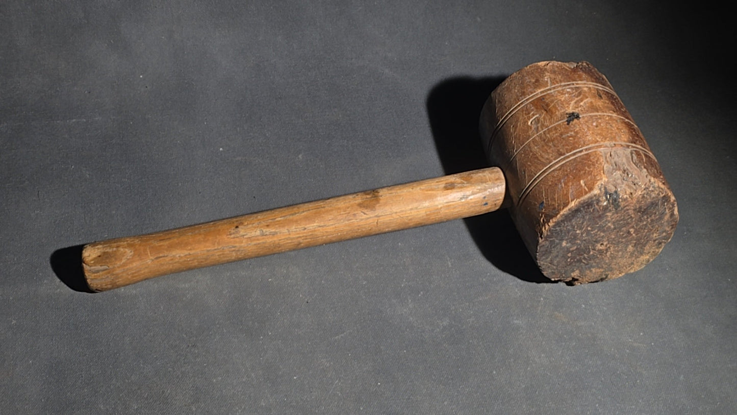 Grouping of Three Antique Wood Tools including a Carpenter's Scribe Marked "J. Morse," Wooden Mallet, and Masher