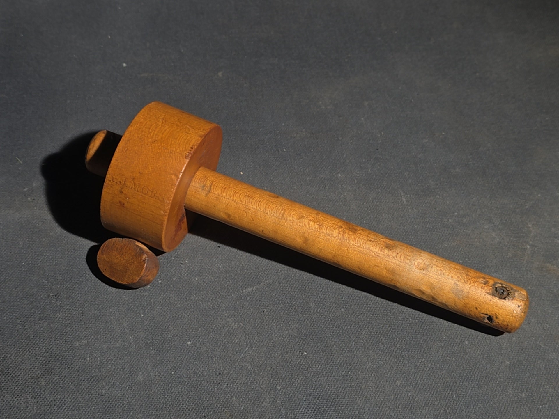 Grouping of Three Antique Wood Tools including a Carpenter's Scribe Marked "J. Morse," Wooden Mallet, and Masher