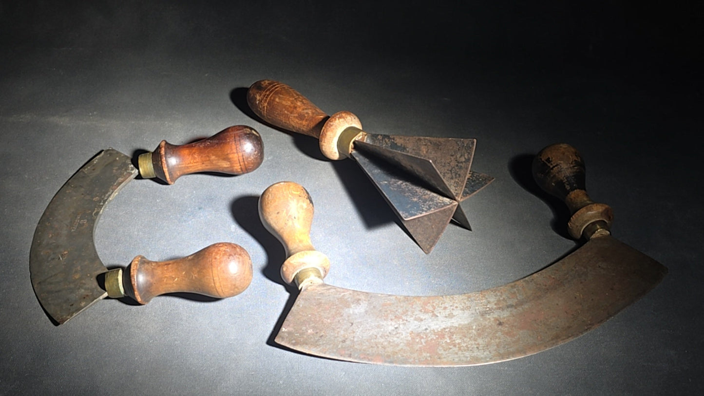 Trio of Antique Kitchen Tools including Two Mezzaluna Chopping Knives and a Cross Blade Food Chopper
