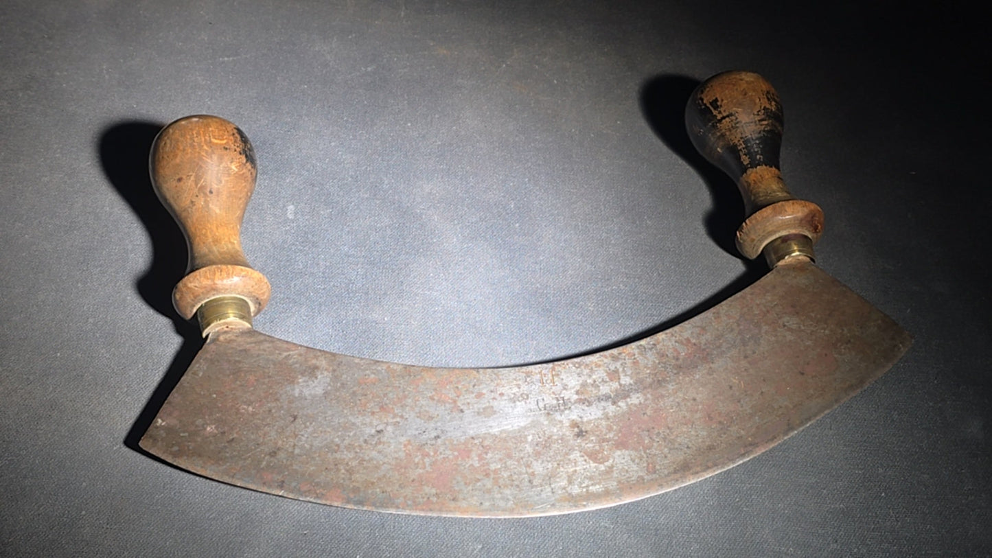 Trio of Antique Kitchen Tools including Two Mezzaluna Chopping Knives and a Cross Blade Food Chopper