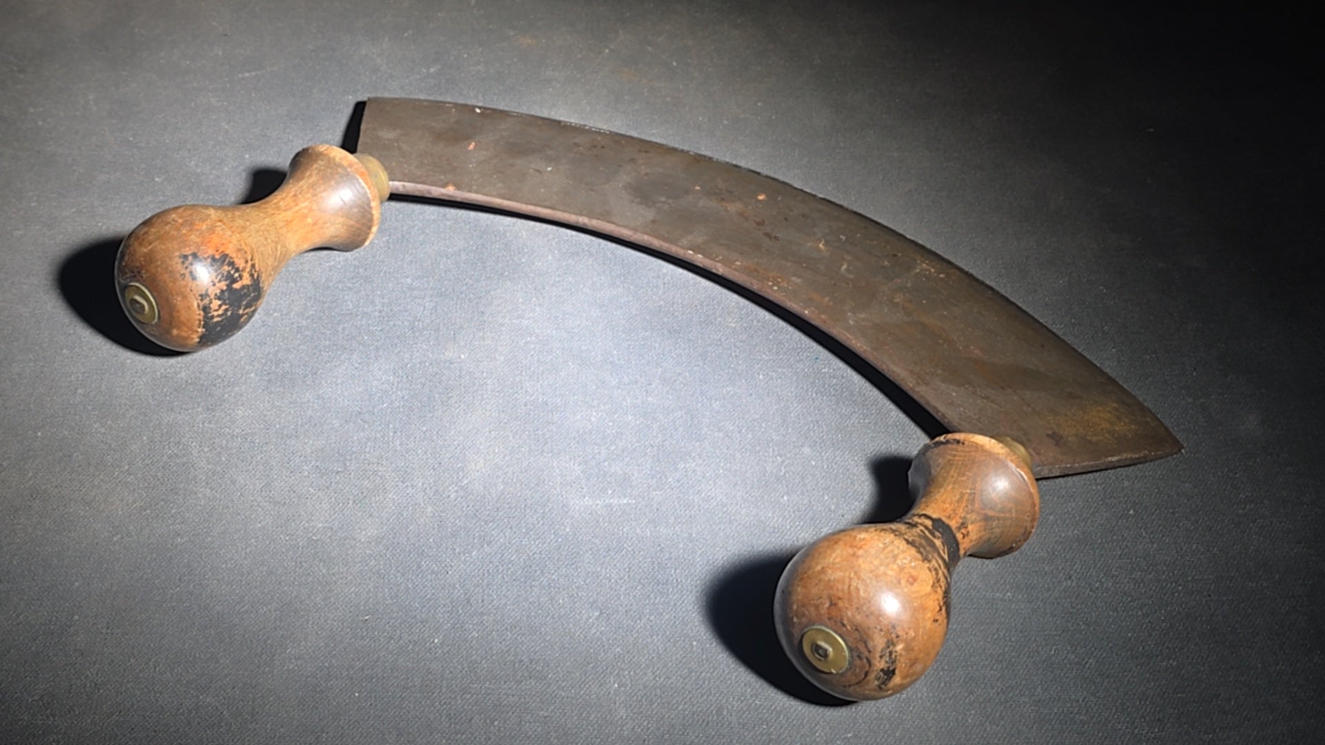 Trio of Antique Kitchen Tools including Two Mezzaluna Chopping Knives and a Cross Blade Food Chopper