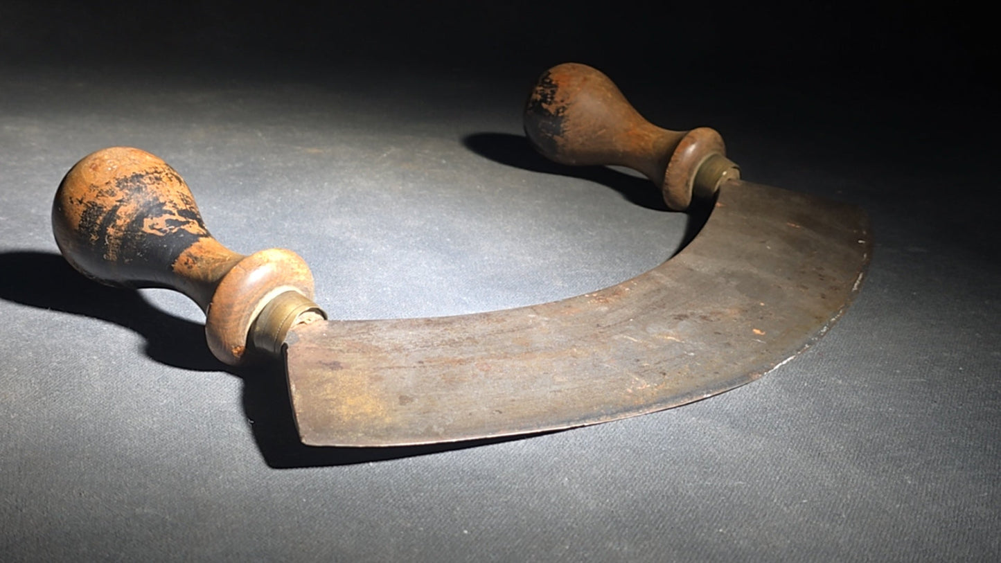Trio of Antique Kitchen Tools including Two Mezzaluna Chopping Knives and a Cross Blade Food Chopper