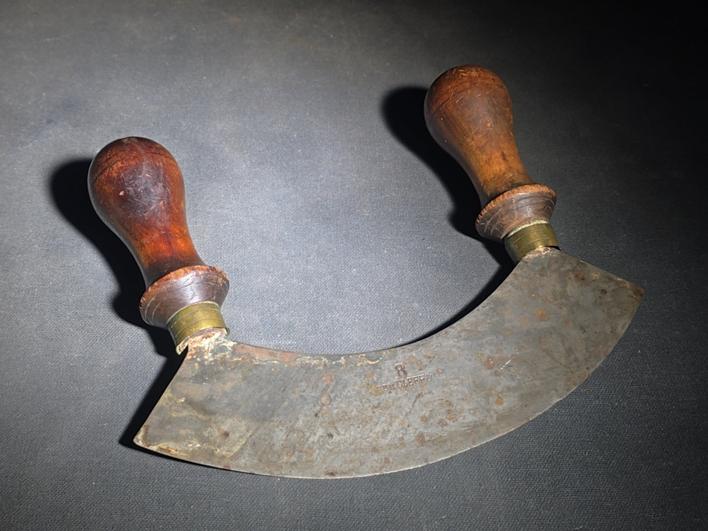Trio of Antique Kitchen Tools including Two Mezzaluna Chopping Knives and a Cross Blade Food Chopper