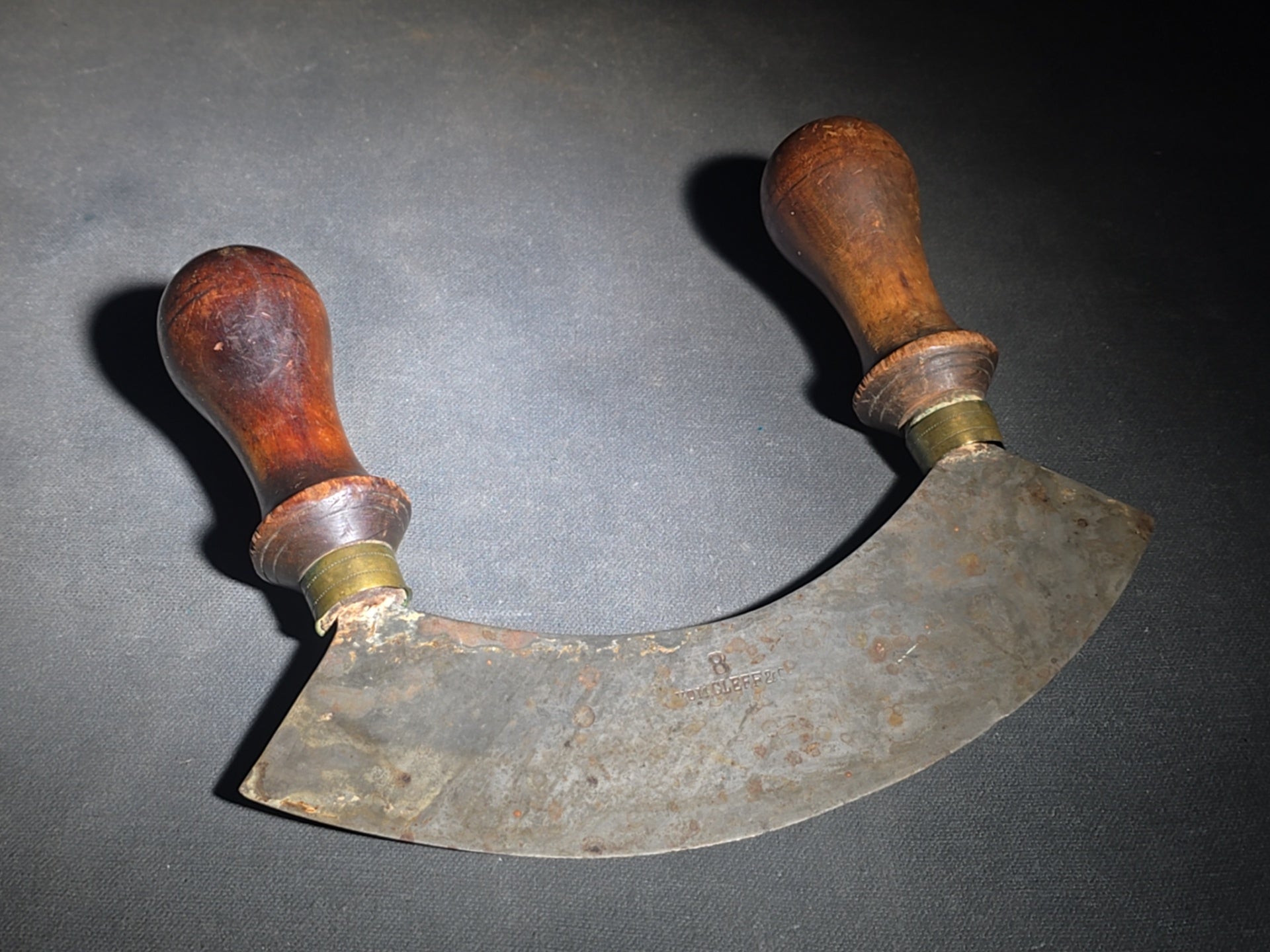 Trio of Antique Kitchen Tools including Two Mezzaluna Chopping Knives and a Cross Blade Food Chopper