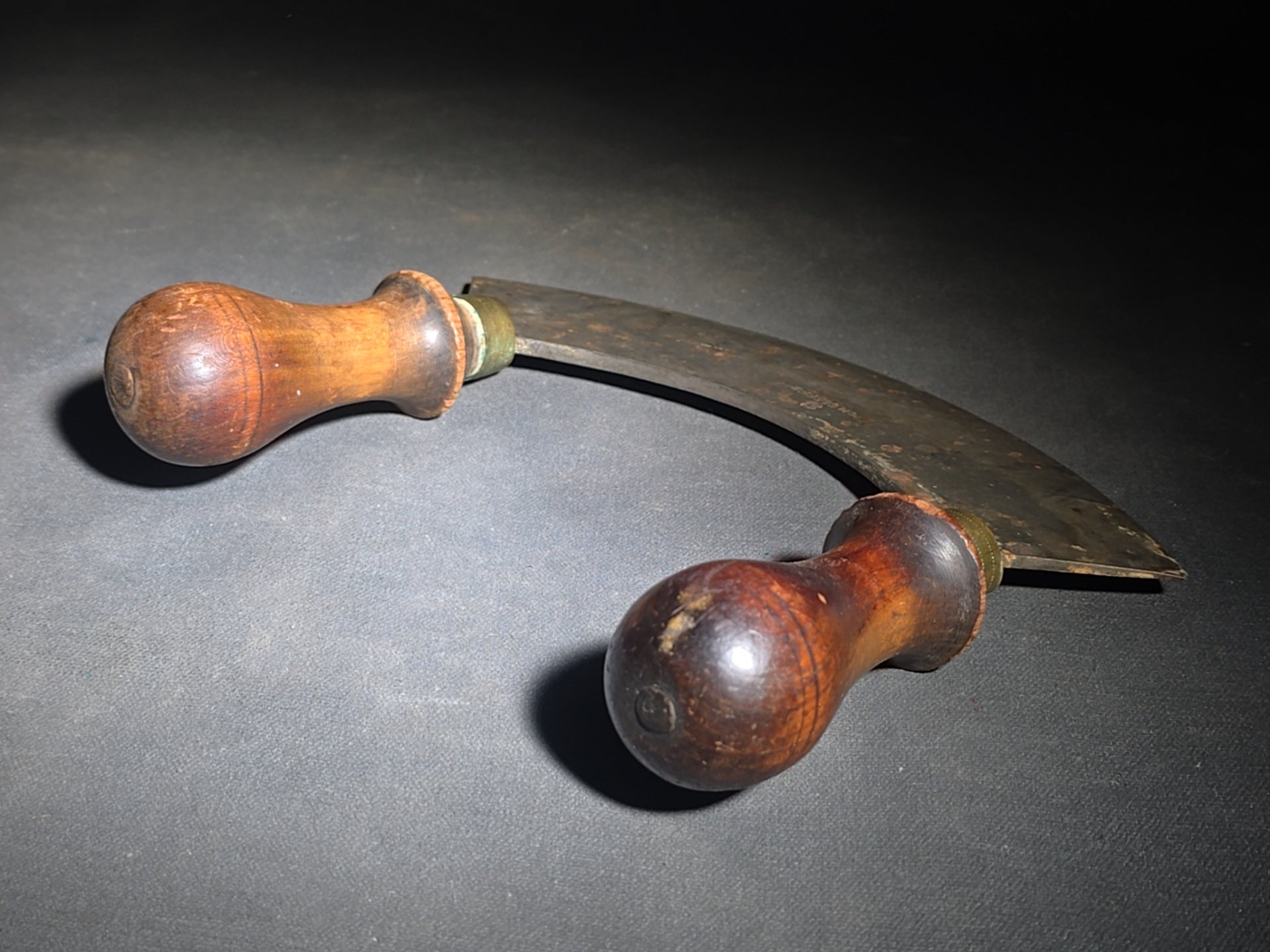 Trio of Antique Kitchen Tools including Two Mezzaluna Chopping Knives and a Cross Blade Food Chopper