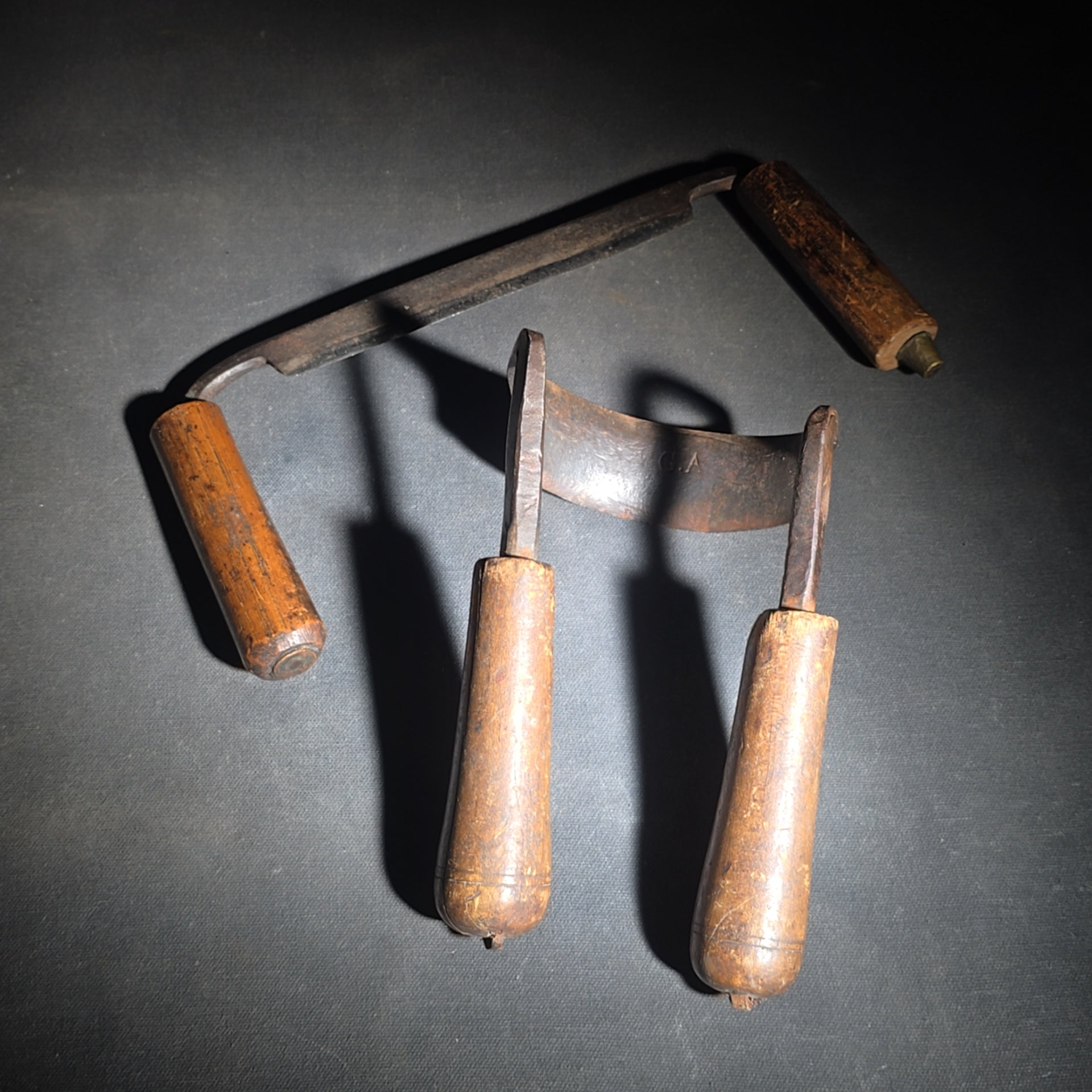 Pair of Antique Wood-Handled Drawknives including Straight Blade and Curved Inshave, One Stamped "G.A"